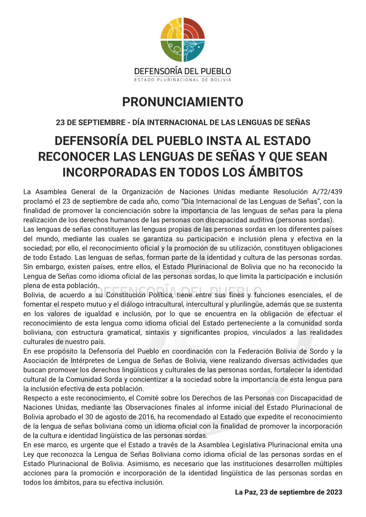 DEFENSORÍA DEL PUEBLO INSTA AL ESTADO RECONOCER LAS LENGUAS DE SEÑAS Y QUE SEAN INCORPORADAS EN TODOS LOS ÁMBITOS