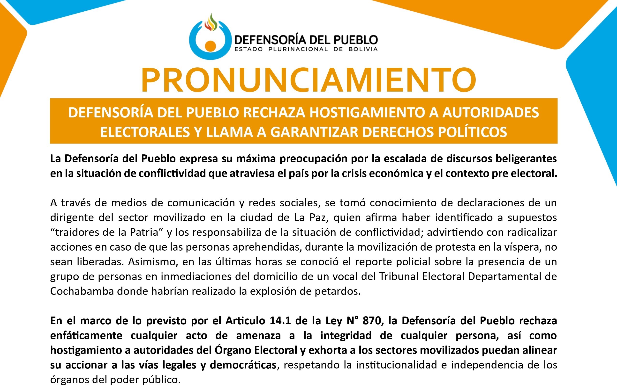 DEFENSORÍA DEL PUEBLO RECHAZA HOSTIGAMIENTO A AUTORIDADES ELECTORALES Y LLAMA A GARANTIZAR DERECHOS POLÍTICOS