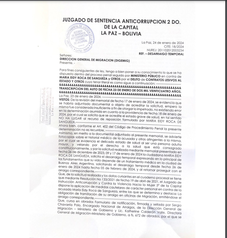 Juez autoriza viaje de Eidy Roca a Argentina ante la intervención de la Defensoría del Pueblo.