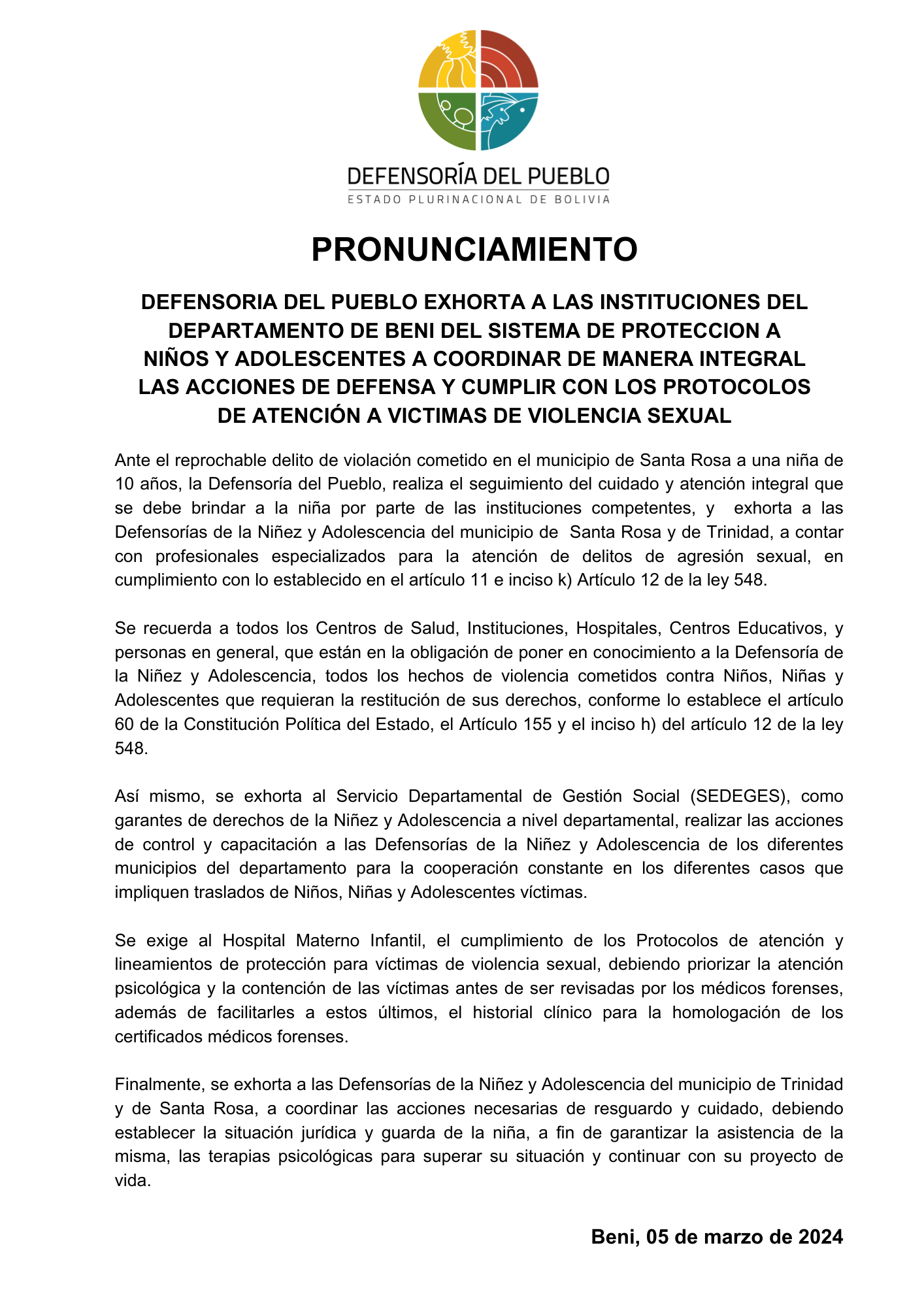 DEFENSORIA DEL PUEBLO EXHORTA A LAS INSTITUCIONES DEL DEPARTAMENTO DE BENI DEL SISTEMA DE PROTECCION A NIÑOS Y ADOLESCENTES A COORDINAR DE MANERA INTEGRAL LAS ACCIONES DE DEFENSA Y CUMPLIR CON LOS PROTOCOLOS DE ATENCIÓN A VICTIMAS DE VIOLENCIA SEXUAL