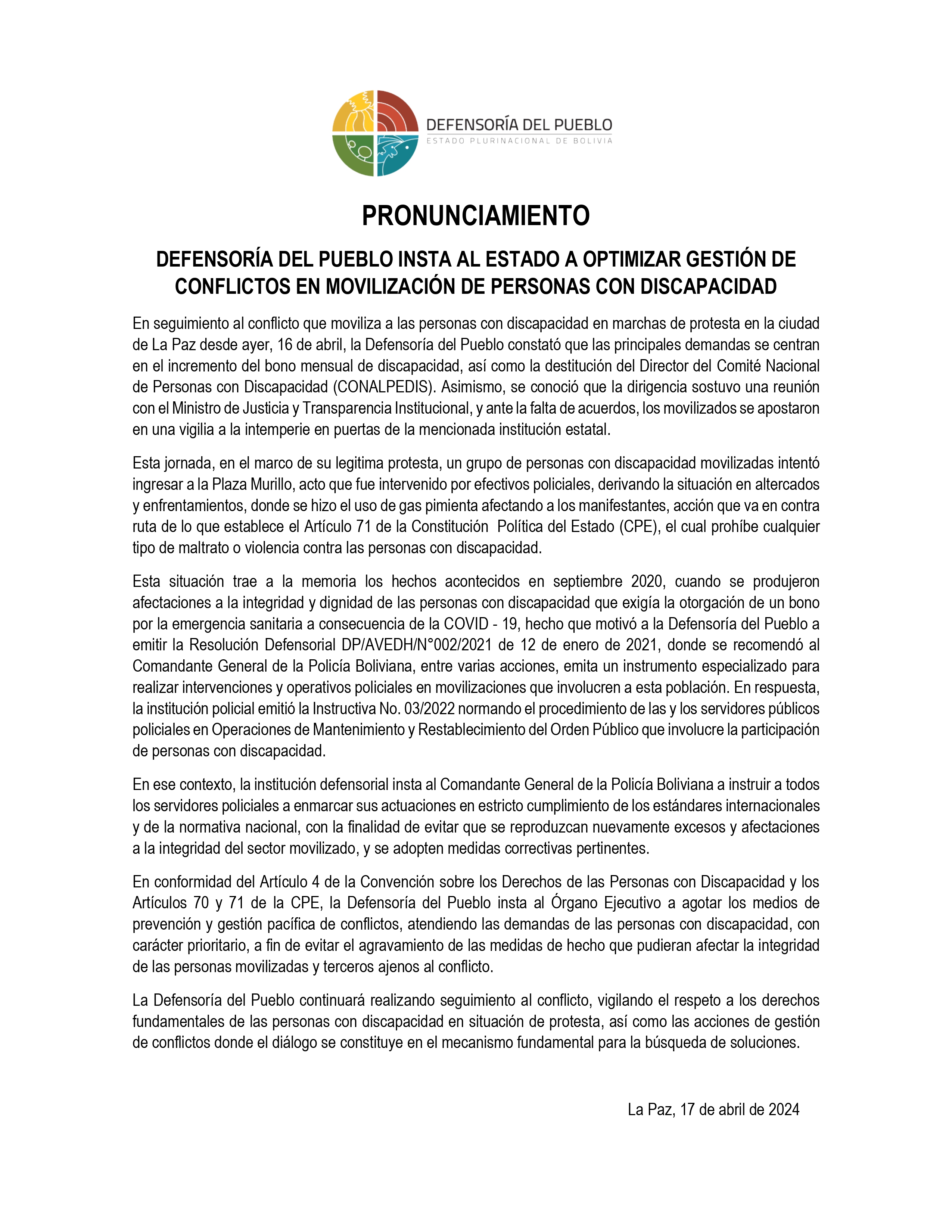 DEFENSORÍA DEL PUEBLO INSTA AL ESTADO A OPTIMIZAR GESTIÓN DE CONFLICTOS EN MOVILIZACIÓN DE PERSONAS CON DISCAPACIDAD