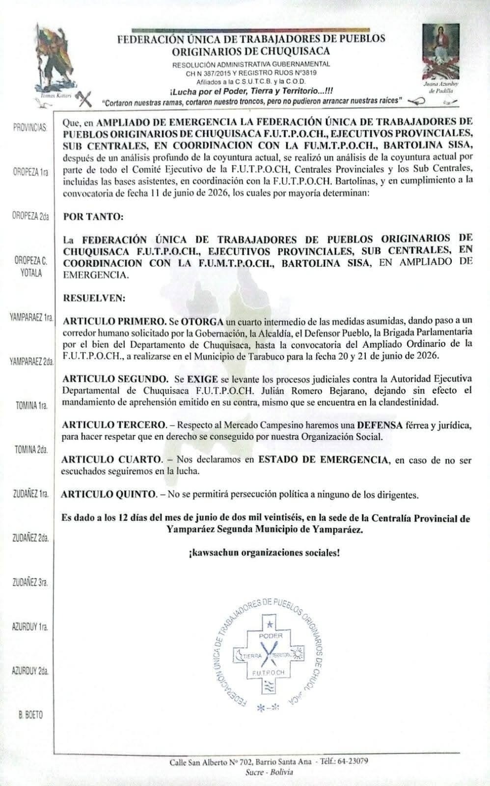 FUTPOCH declara cuarto intermedio en los bloqueos para garantizar pausa humanitaria solicitada por la Defensoría del Pueblo