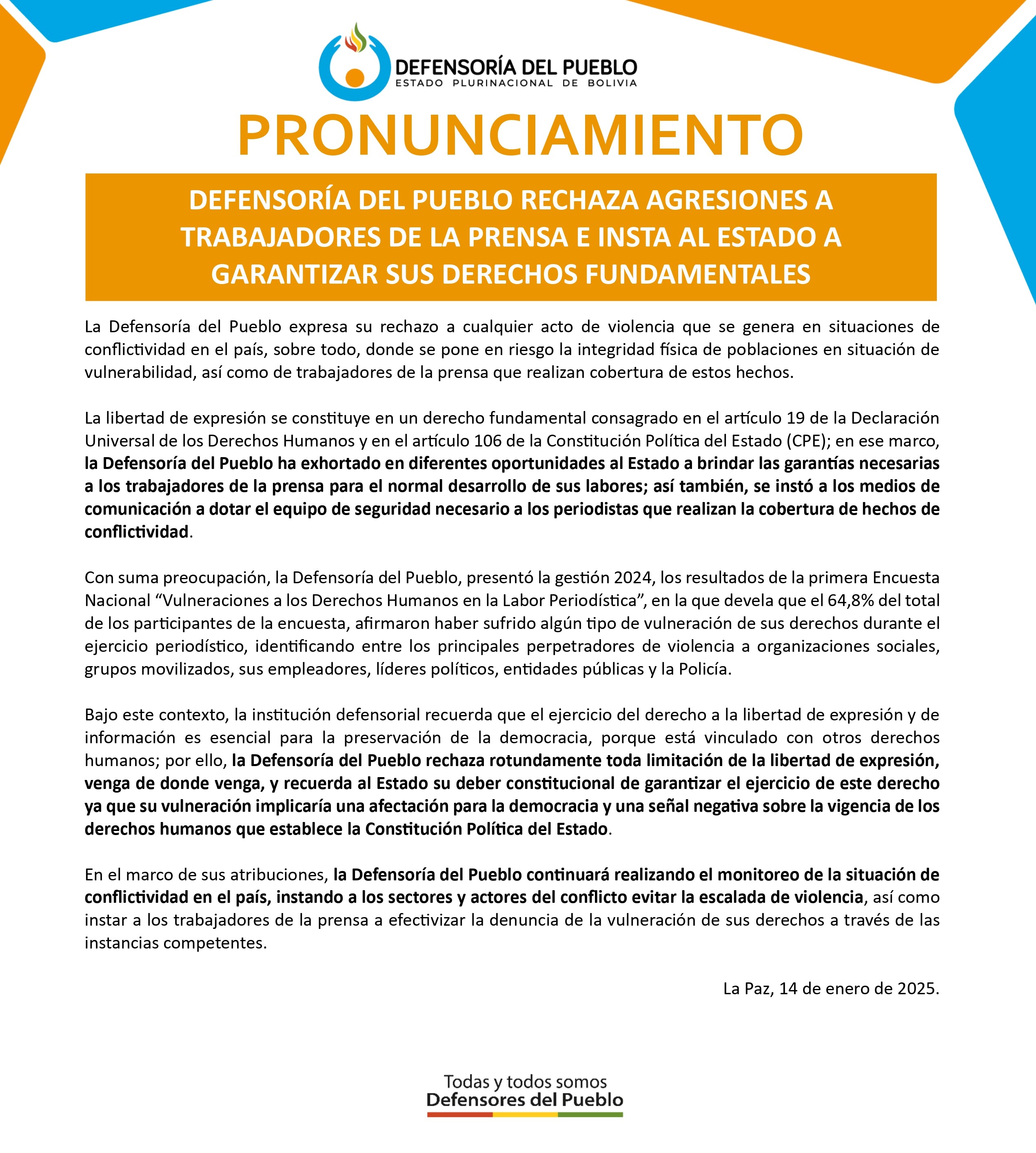 DEFENSORÍA DEL PUEBLO RECHAZA AGRESIONES A TRABAJADORES DE LA PRENSA E INSTA AL ESTADO A GARANTIZAR SUS DERECHOS FUNDAMENTALES