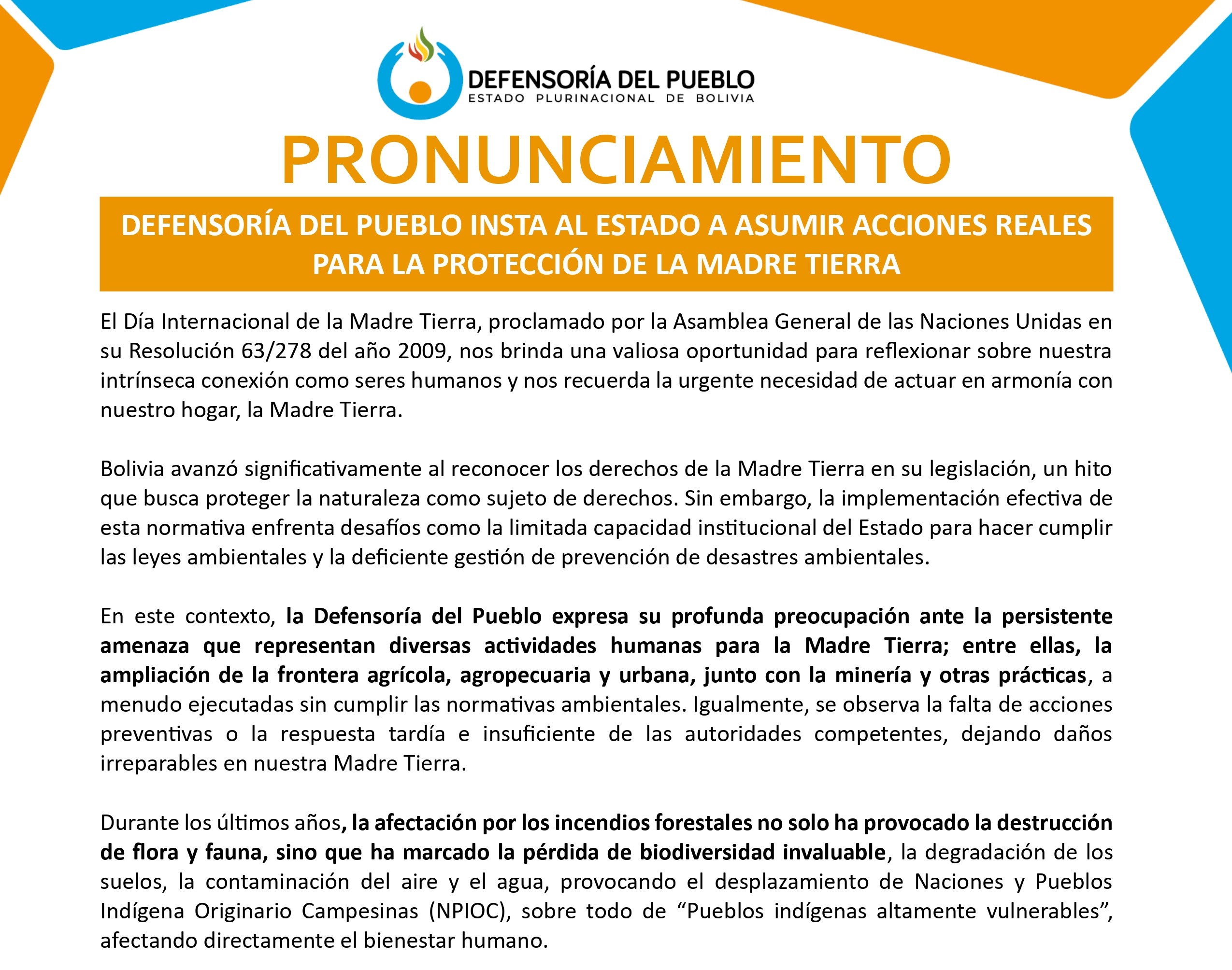 DEFENSORÍA DEL PUEBLO INSTA AL ESTADO A ASUMIR ACCIONES REALES PARA LA PROTECCIÓN DE LA MADRE TIERRA