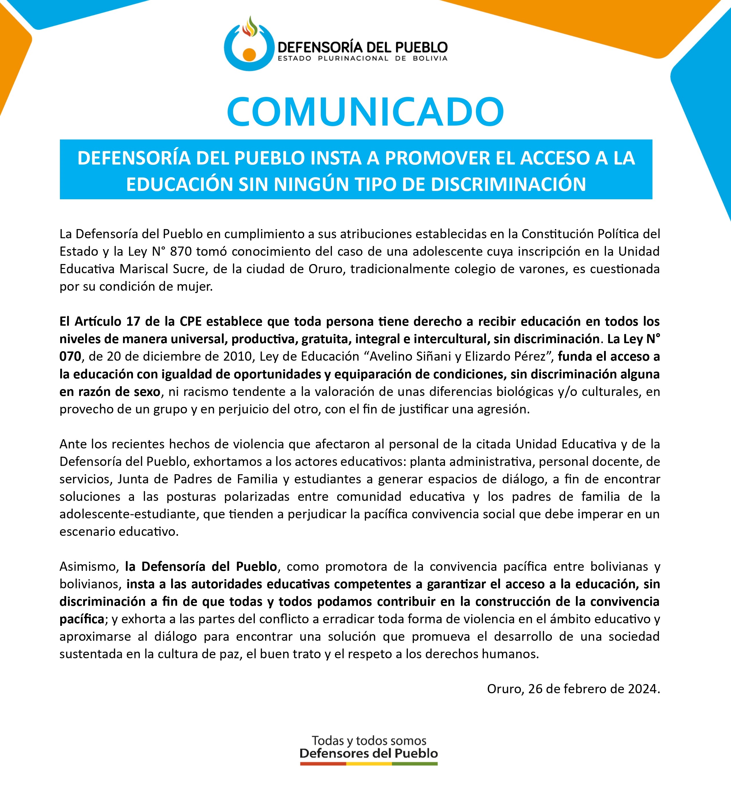 DEFENSORÍA DEL PUEBLO INSTA A PROMOVER EL ACCESO A LA EDUCACIÓN SIN NINGÚN TIPO DE DISCRIMINACIÓN