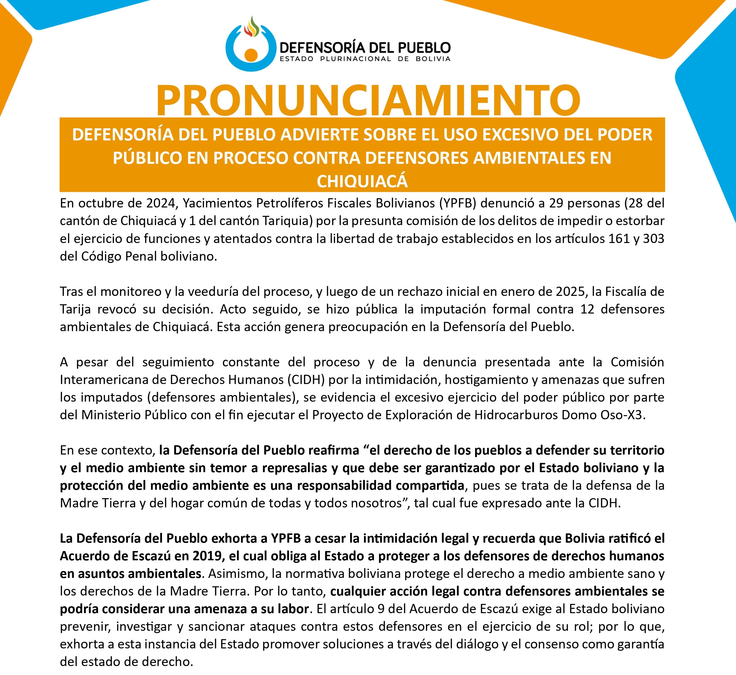 DEFENSORÍA DEL PUEBLO ADVIERTE SOBRE EL USO EXCESIVO DEL PODER PÚBLICO EN PROCESO CONTRA DEFENSORES AMBIENTALES EN CHIQUIACÁ