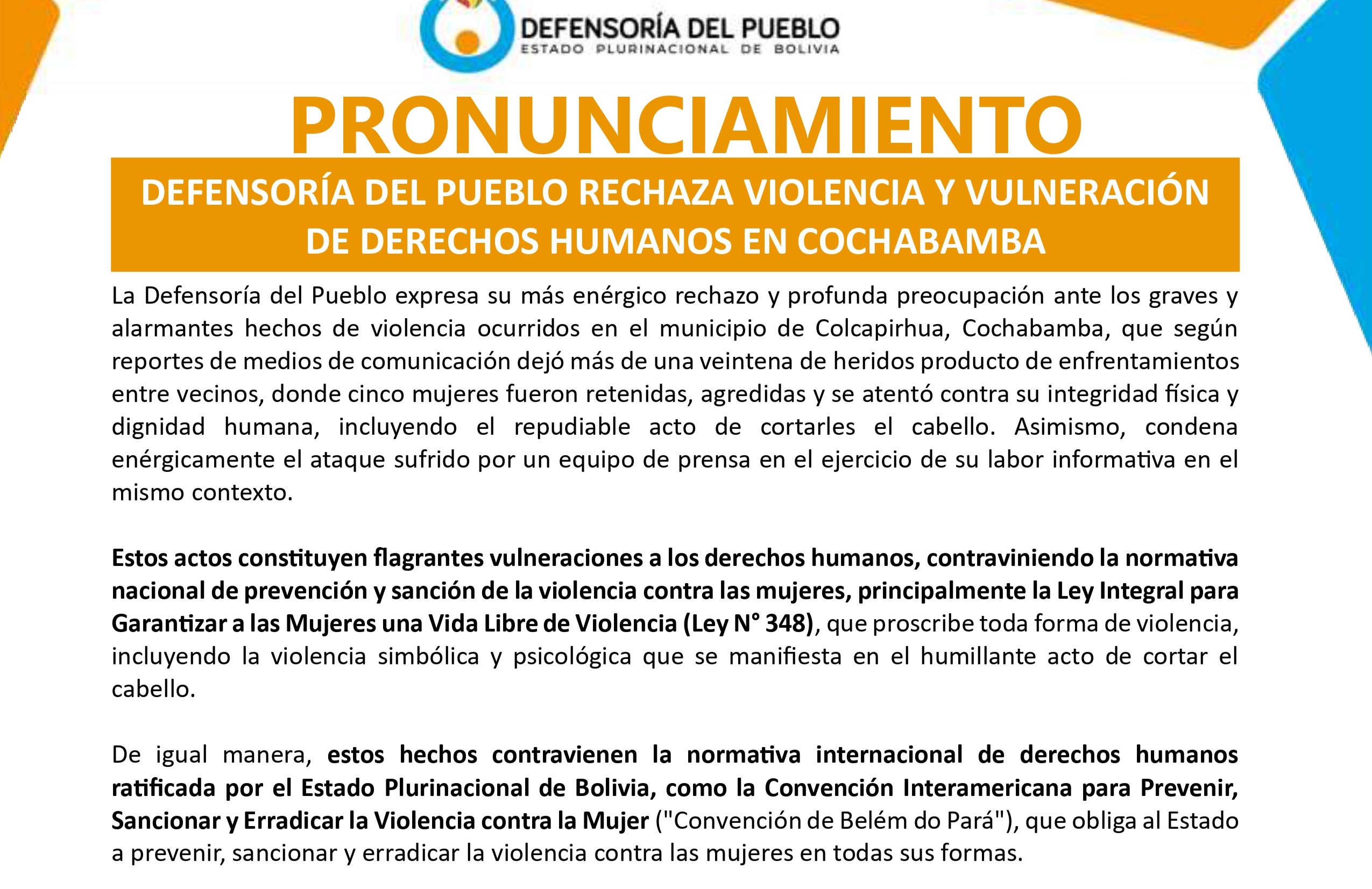 DEFENSORÍA DEL PUEBLO RECHAZA VIOLENCIA Y VULNERACIÓN DE DERECHOS HUMANOS EN COCHABAMBA