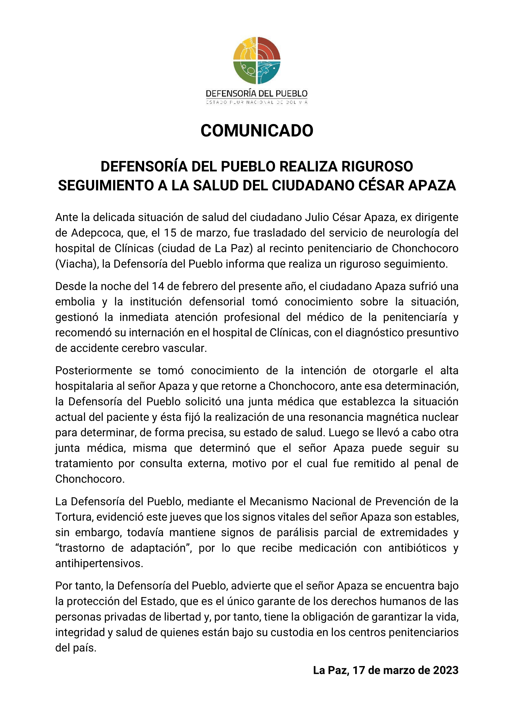 DEFENSORÍA DEL PUEBLO REALIZA RIGUROSO SEGUIMIENTO A LA SALUD DEL CIUDADANO CÉSAR APAZA