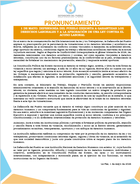 PRONUNCIAMIENTO 1 DE MAYO: DEFENSORÍA DEL PUEBLO EXHORTA A GARANTIZAR LOS DERECHOS LABORALES Y A LA APROBACIÓN DE UNA LEY CONTRA EL ACOSO LABORAL