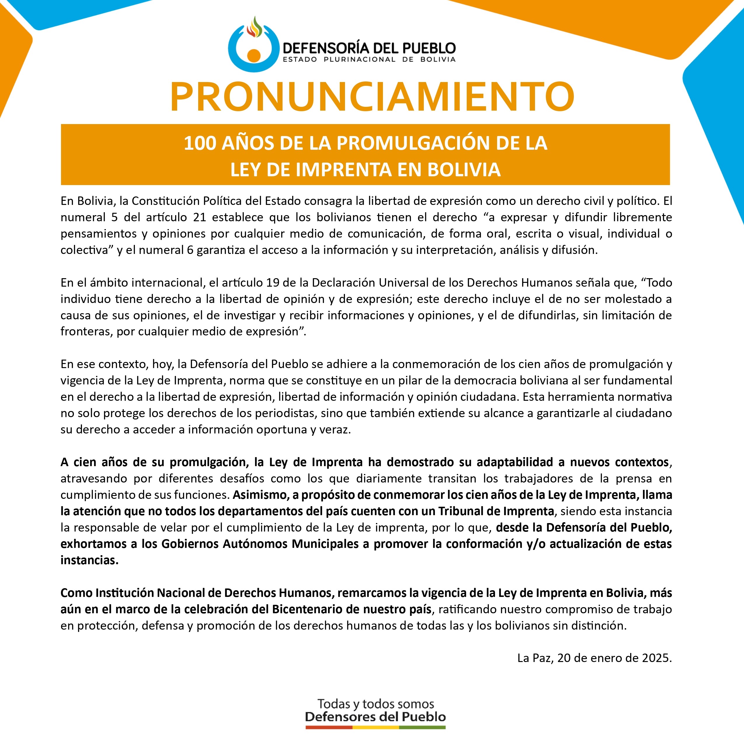 100 AÑOS DE LA PROMULGACIÓN DE LA  LEY DE IMPRENTA EN BOLIVIA