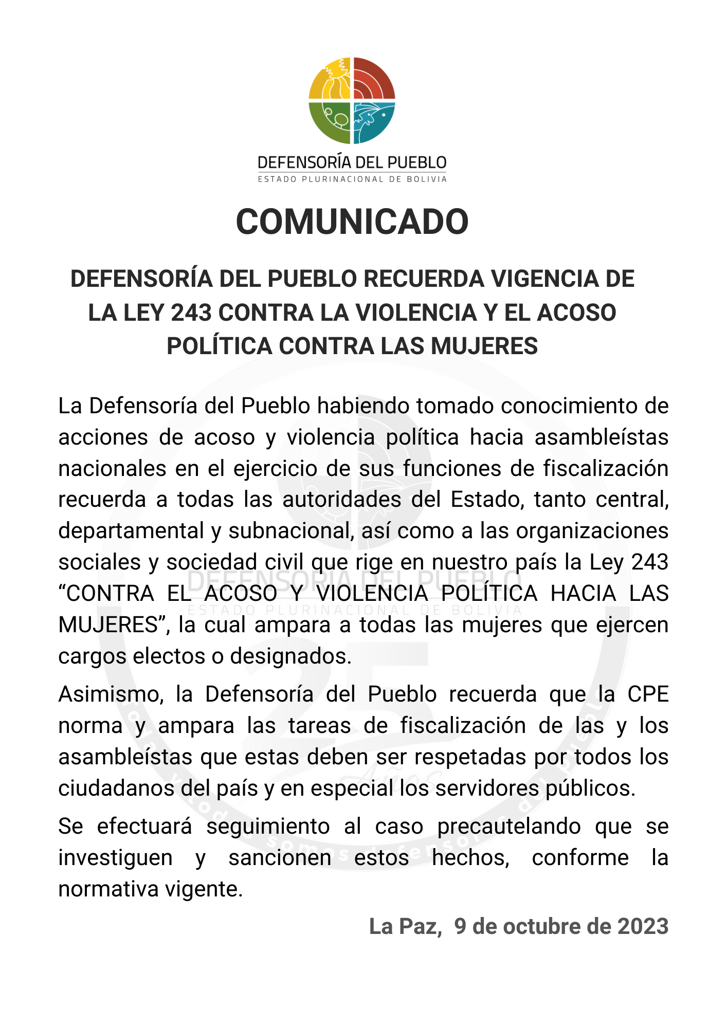 DEFENSORÍA DEL PUEBLO RECUERDA VIGENCIA DE LA LEY 243 CONTRA LA VIOLENCIA Y EL ACOSO POLÍTICA CONTRA LAS MUJERES