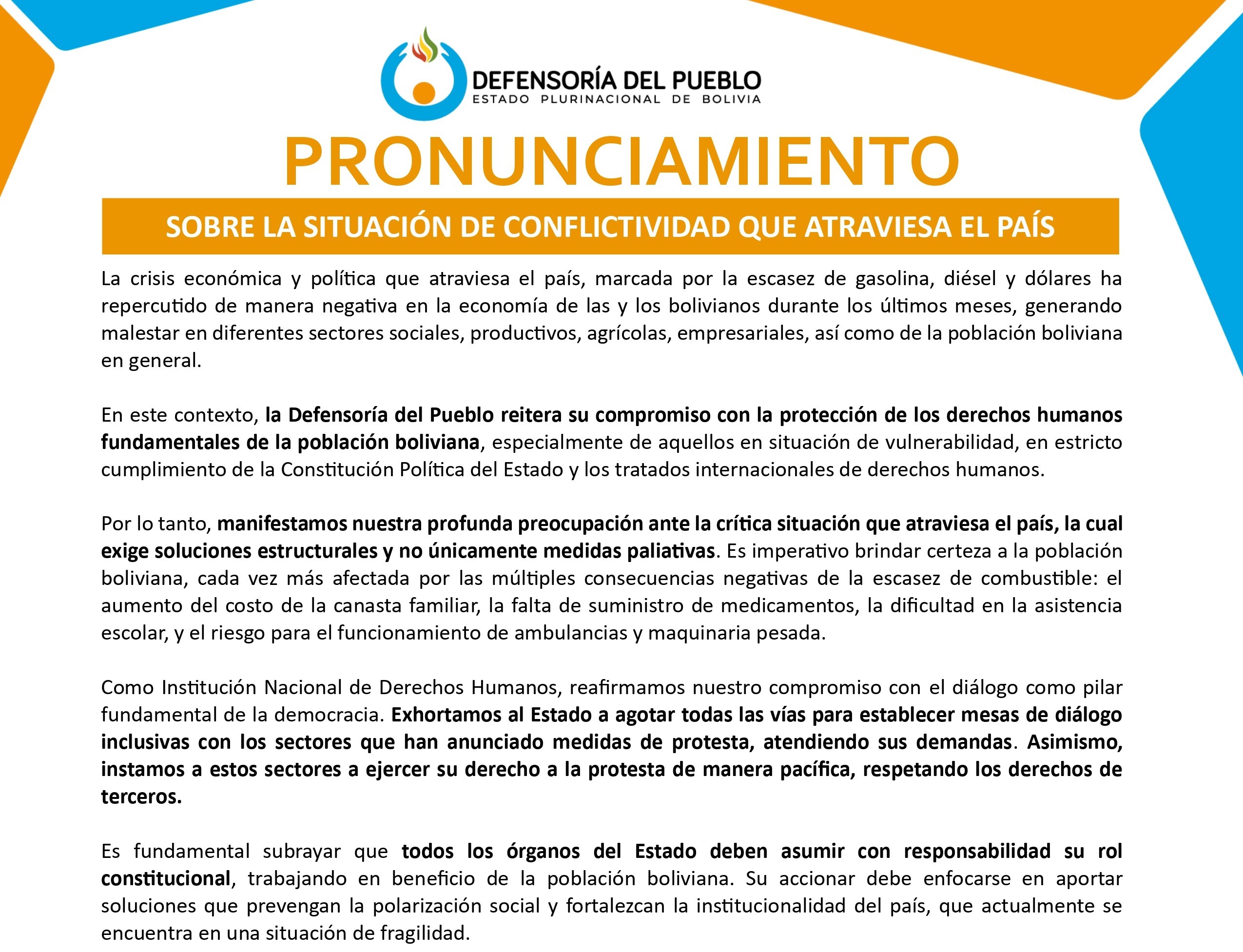 SOBRE LA SITUACIÓN DE CONFLICTIVIDAD QUE ATRAVIESA EL PAÍS