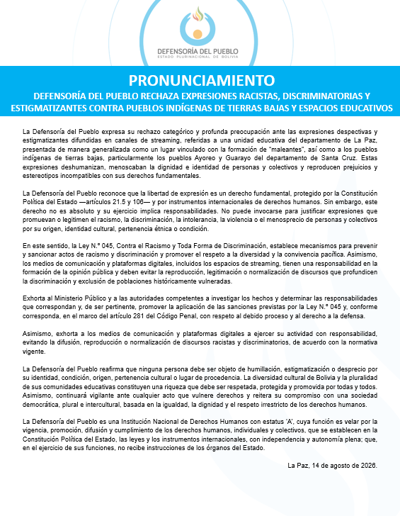PRONUNCIAMIENTO DEFENSORÍA DEL PUEBLO RECHAZA EXPRESIONES RACISTAS, DISCRIMINATORIAS Y ESTIGMATIZANTES CONTRA PUEBLOS INDÍGENAS DE TIERRAS BAJAS Y ESPACIOS EDUCATIVOS
