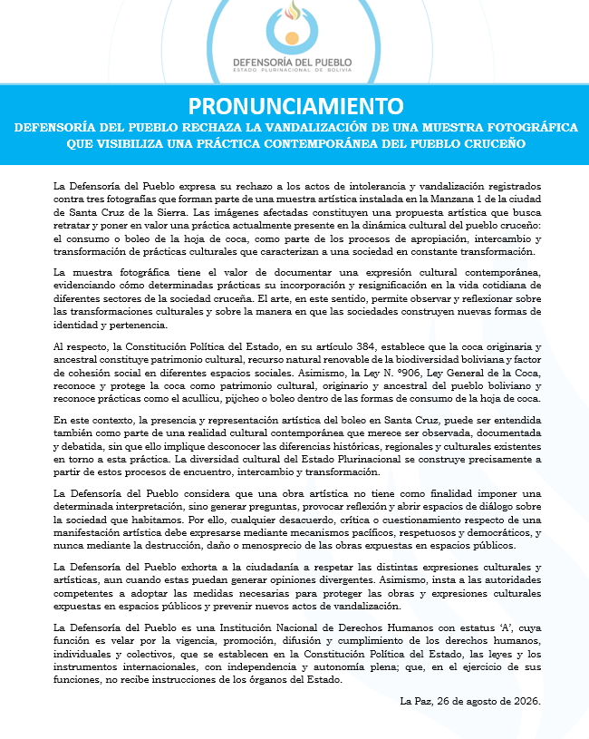 PRONUNCIAMIENTO DEFENSORÍA DEL PUEBLO RECHAZA LA VANDALIZACIÓN DE UNA MUESTRA FOTOGRÁFICA QUE VISIBILIZA UNA PRÁCTICA CONTEMPORÁNEA DEL PUEBLO CRUCEÑO