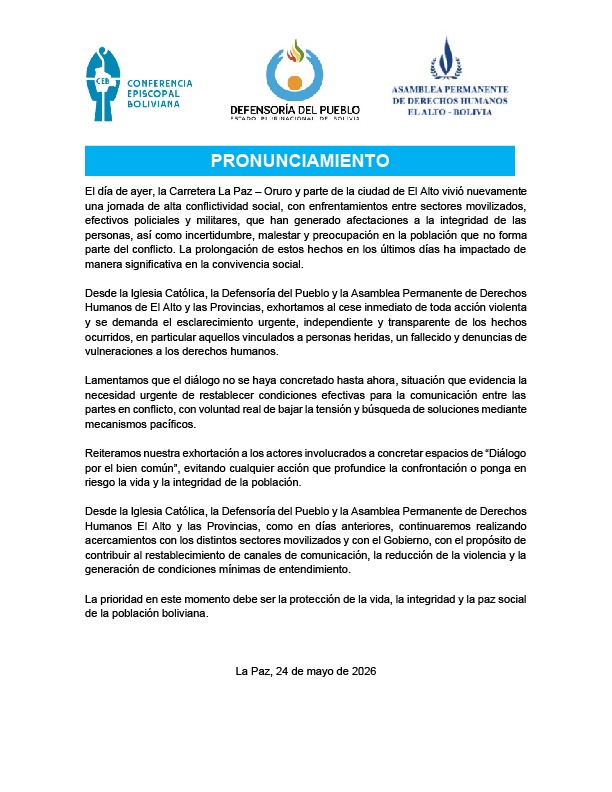 PRONUNCIAMIENTO CONJUNTO DE LA DEFENSORÍA DEL PUEBLO, IGLESIA CATÓLICA Y LA ASAMBLEA PERMANENTE DE DERECHOS HUMANOS EL ALTO