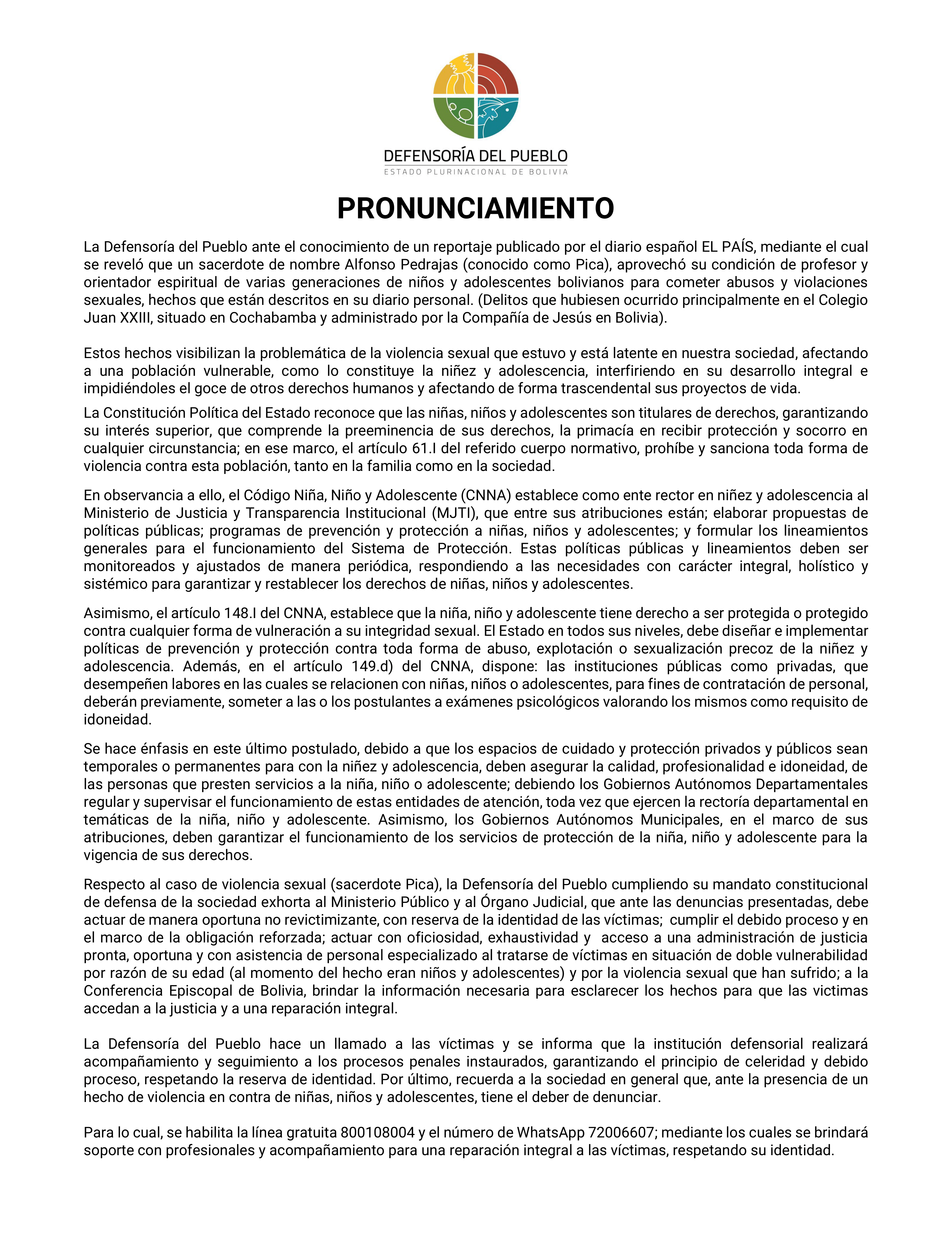 Pronunciamiento de la Defensoría del Pueblo sobre las denuncias de abusos y violaciones cometidos en el Colegio Juan XXIII