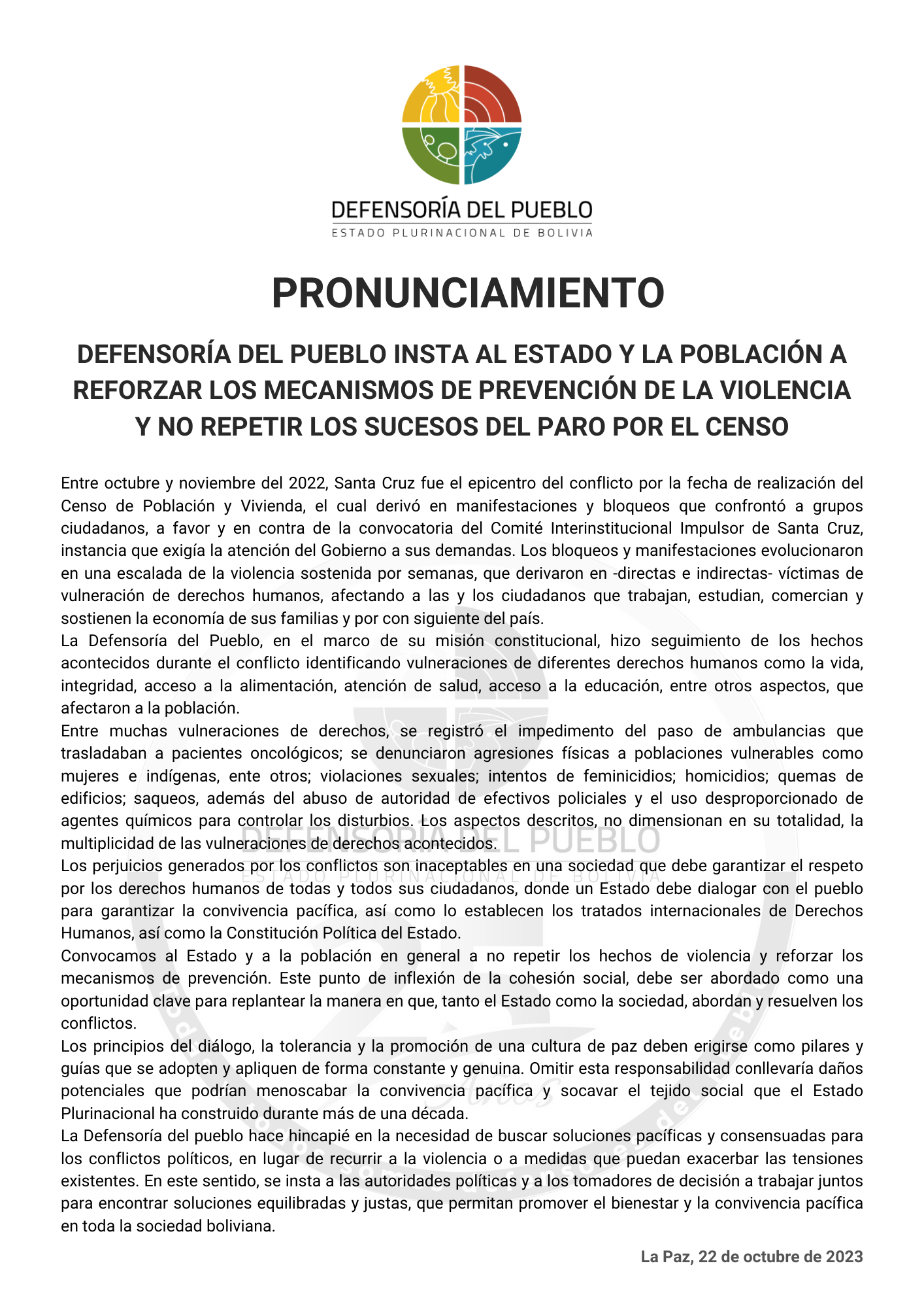 Defensoría del Pueblo insta al Estado y la población a reforzar los mecanismos de prevención de la violencia y no repetir los sucesos del paro por el censo