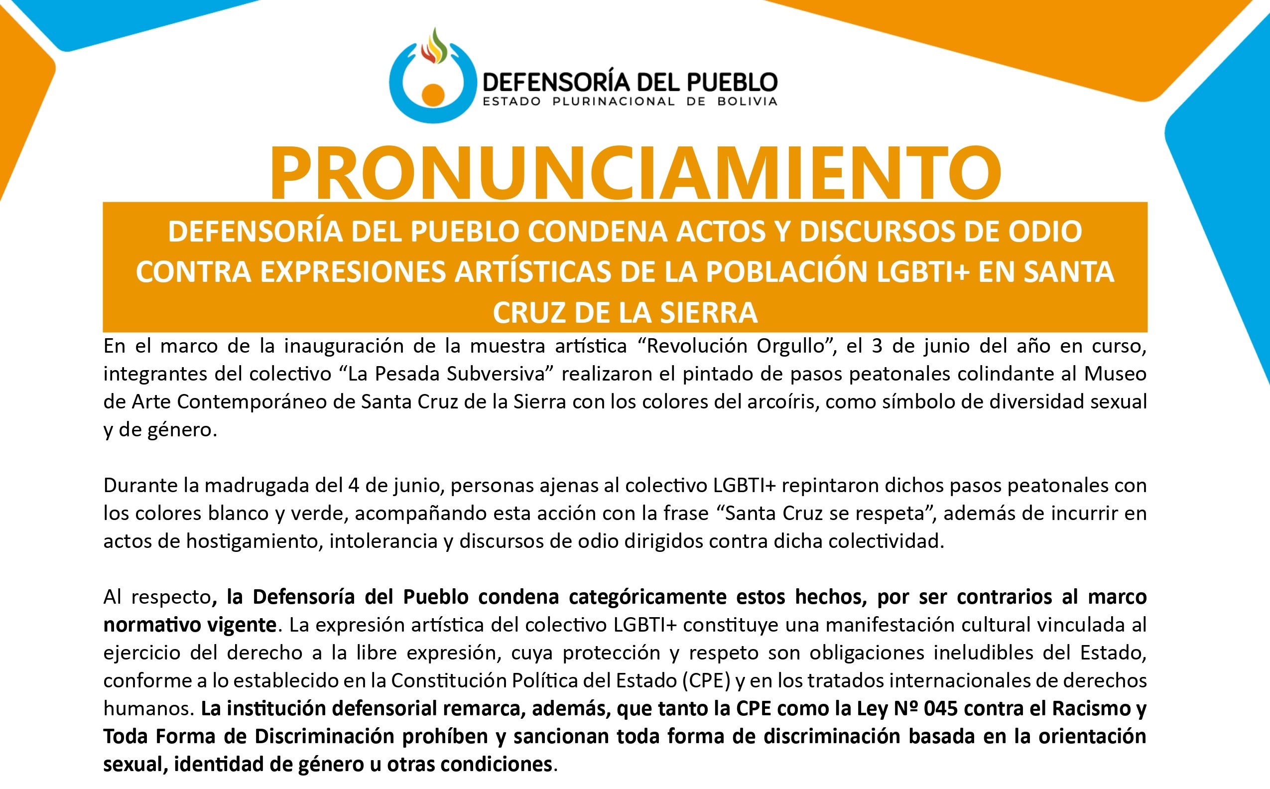 DEFENSORÍA DEL PUEBLO CONDENA ACTOS Y DISCURSOS DE ODIO CONTRA EXPRESIONES ARTÍSTICAS DE LA POBLACIÓN LGBTI+ EN SANTA CRUZ DE LA SIERRA