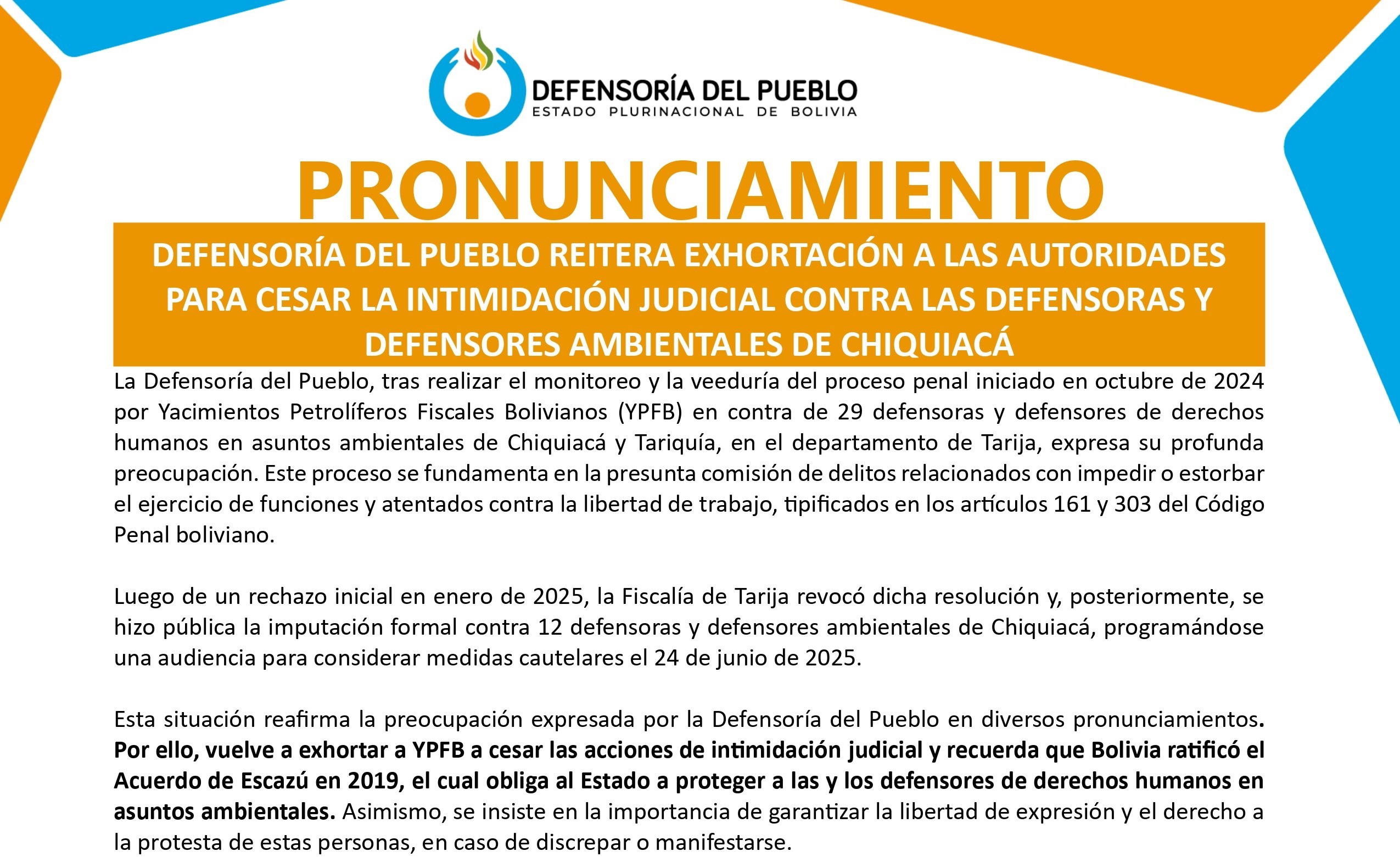 DEFENSORÍA DEL PUEBLO REITERA EXHORTACIÓN A LAS AUTORIDADES PARA CESAR LA INTIMIDACIÓN JUDICIAL CONTRA LAS DEFENSORAS Y DEFENSORES AMBIENTALES DE CHIQUIACÁ