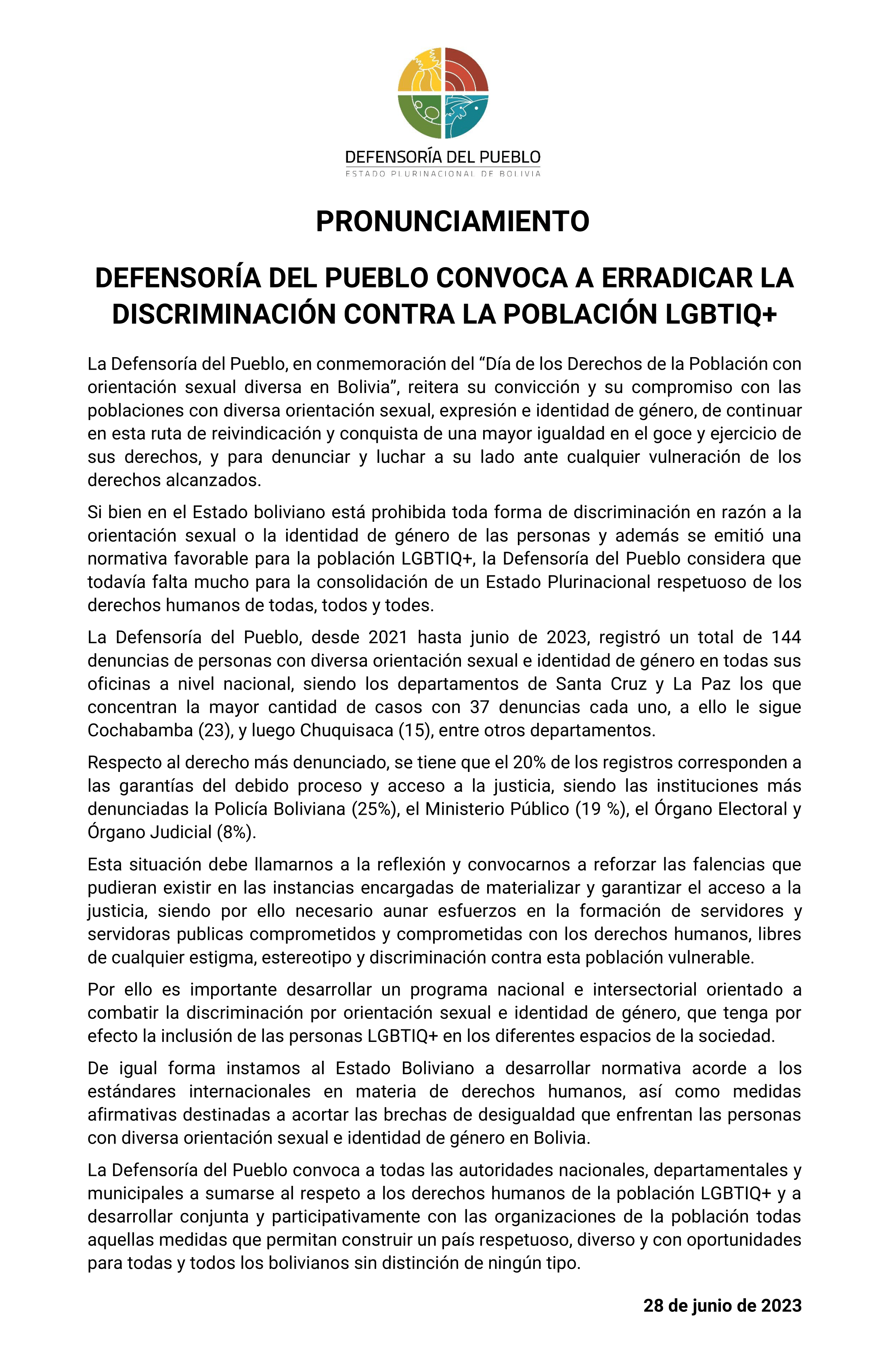 DEFENSORÍA DEL PUEBLO CONVOCA A ERRADICAR LA DISCRIMINACIÓN CONTRA LA POBLACIÓN LGBTIQ+