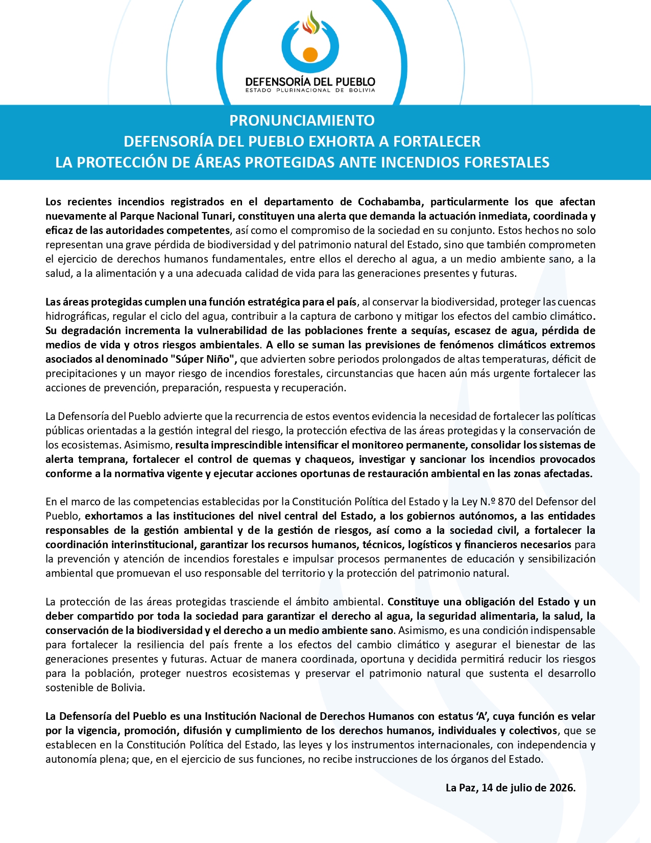 DEFENSORÍA DEL PUEBLO EXHORTA A FORTALECER  LA PROTECCIÓN DE ÁREAS PROTEGIDAS ANTE INCENDIOS FORESTALES (PRONUNCIAMIENTO)