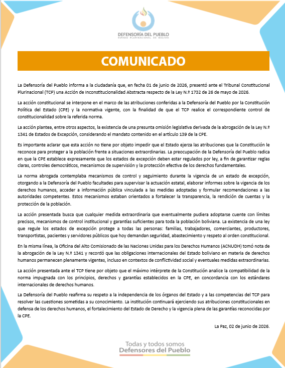 Comunicado de la Defensoría del Pueblo 02-06-2026
