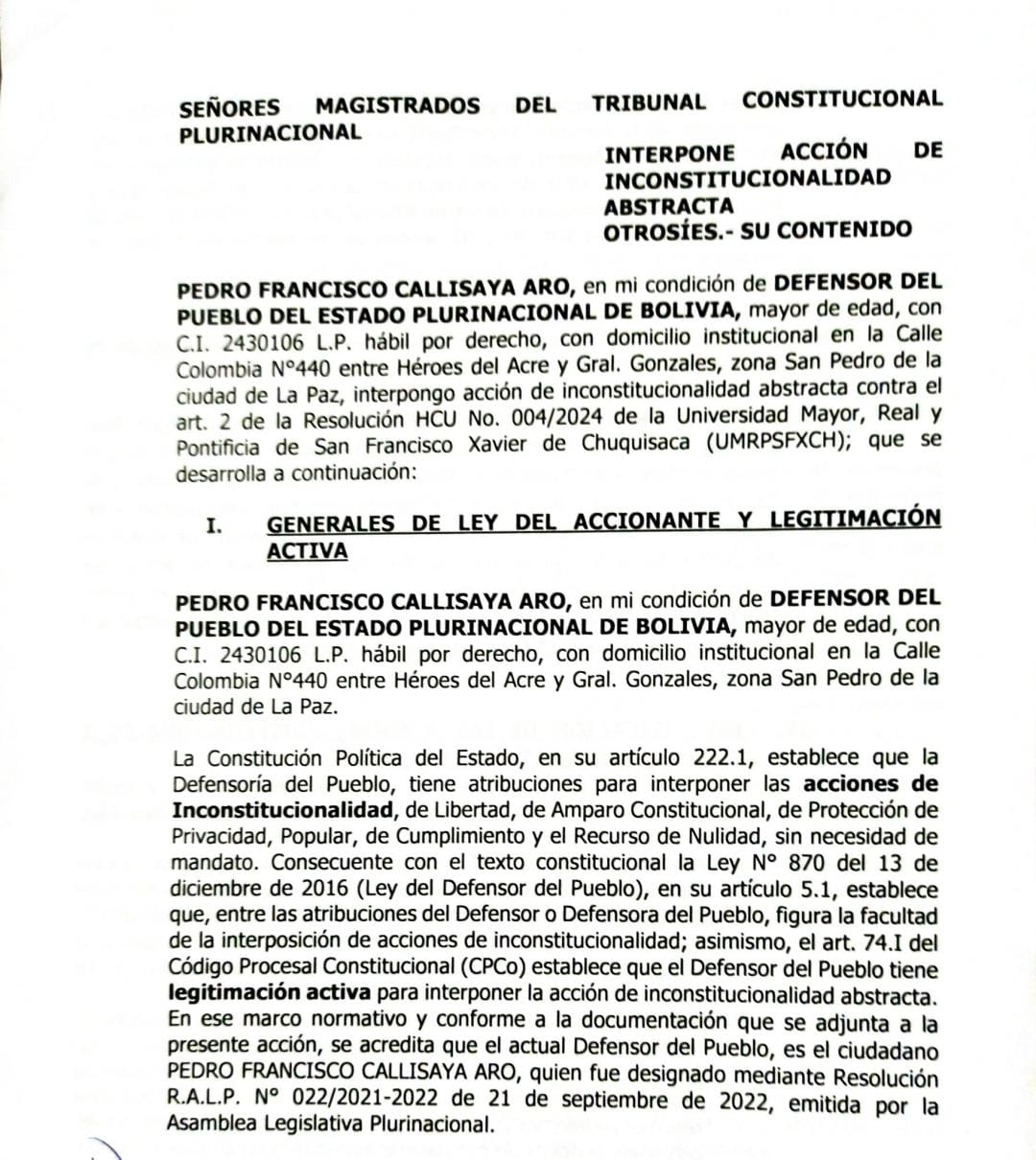 Acción de Inconstitucionalidad Abstracta presentada por la Defensoría del Pueblo busca dejar sin efecto la Resolución universitaria que obliga a estudiantes a censarse en Sucre