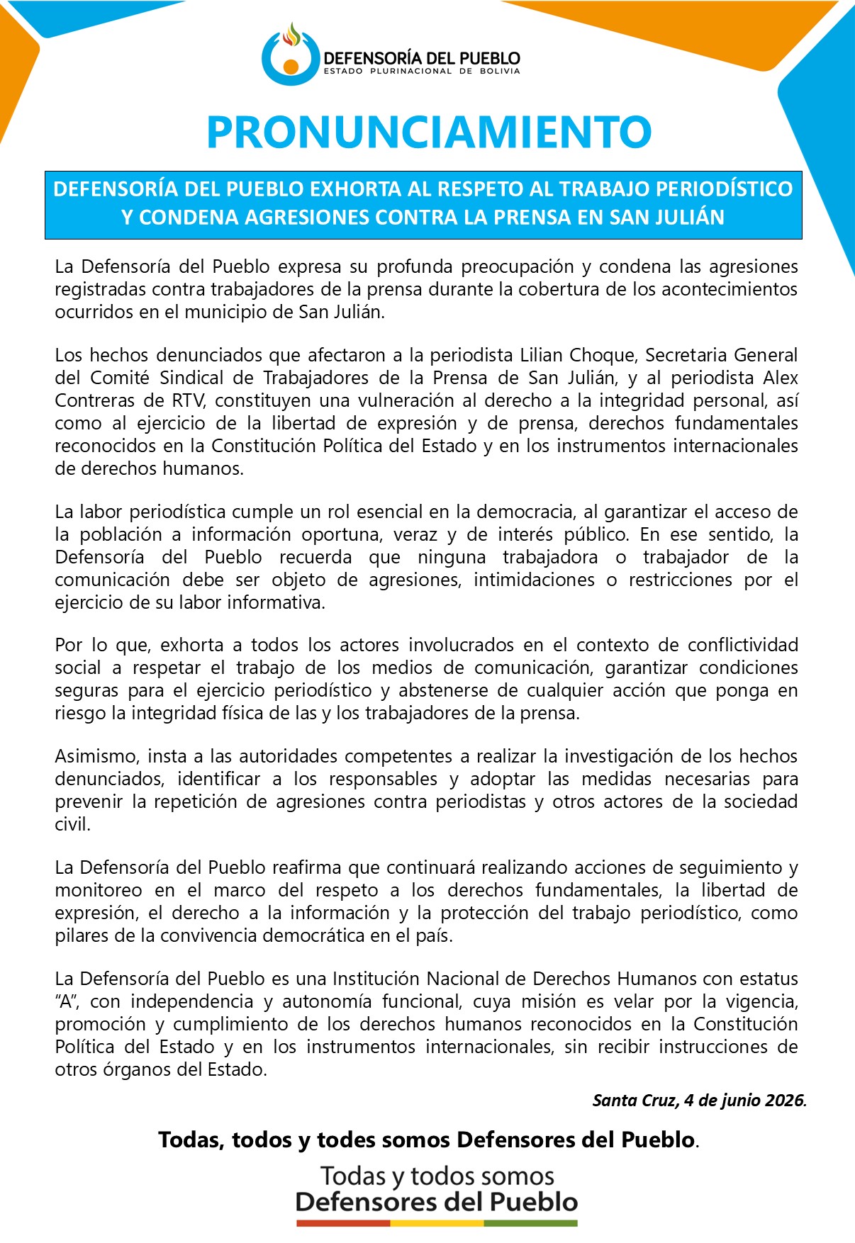 DEFENSORÍA DEL PUEBLO EXHORTA AL RESPETO AL TRABAJO PERIODÍSTICO Y CONDENA AGRESIONES CONTRA LA PRENSA EN SAN JULIÁN