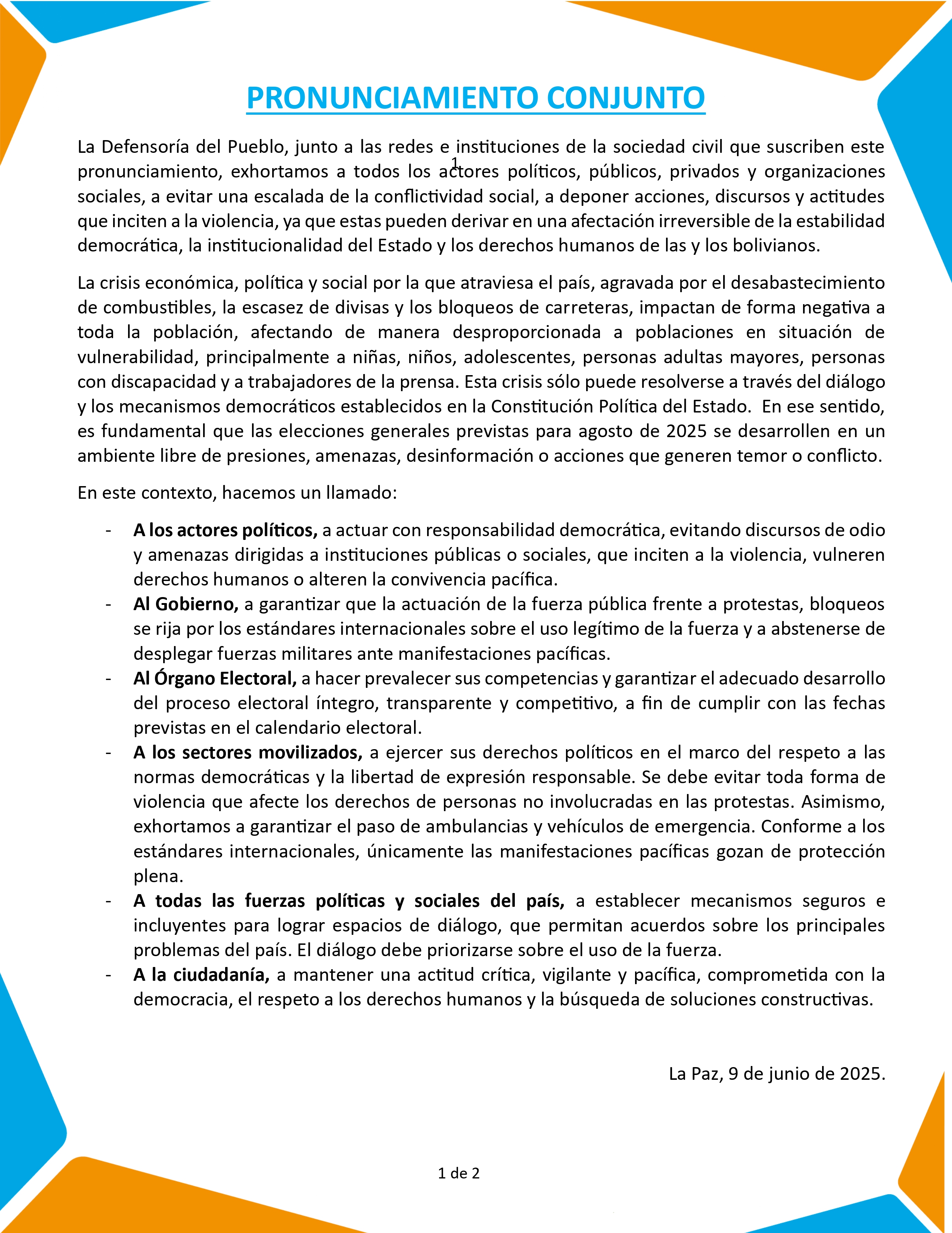 PRONUNCIAMIENTO CONJUNTO 09 DE JUNIO