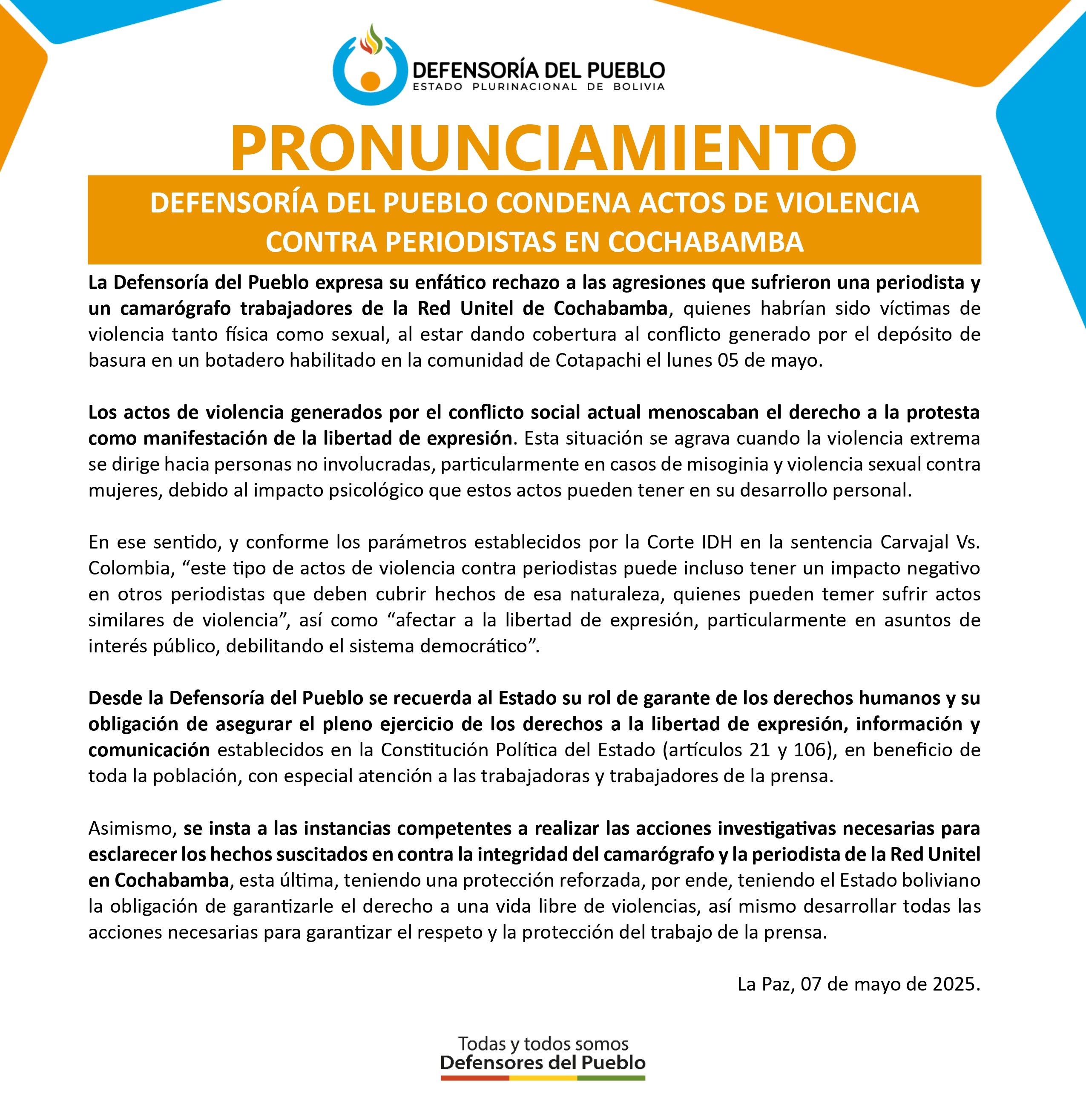 DEFENSORÍA DEL PUEBLO CONDENA ACTOS DE VIOLENCIA CONTRA PERIODISTAS EN COCHABAMBA