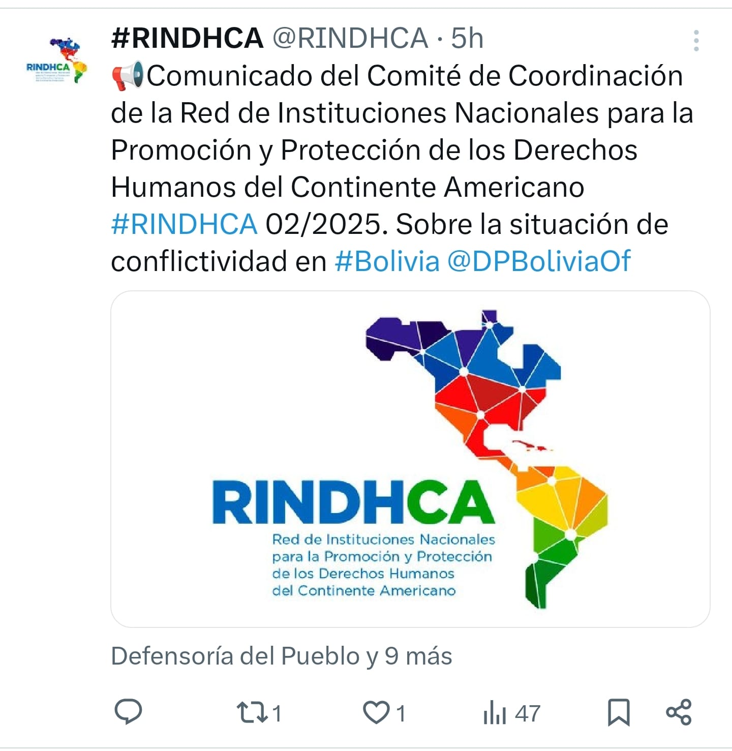 INSTITUCIONES NACIONALES DE DD.HH. DE AMÉRICA SE SOLIDARIZAN CON EL DEFENSOR DEL PUEBLO Y RECONOCEN LOS ESFUERZOS ANTE LA CONFLICTIVIDAD EN BOLIVIA
