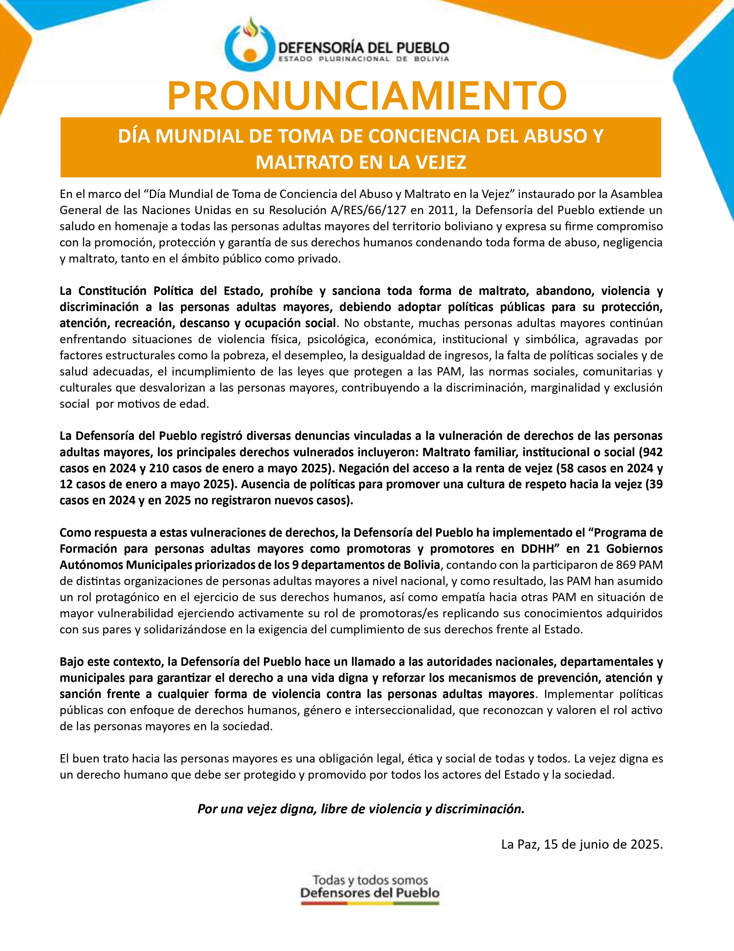 PRONUNCIAMIENTO POR EL DÍA MUNDIAL DE TOMA DE CONCIENCIA DEL ABUSO Y MALTRATO EN LA VEJEZ