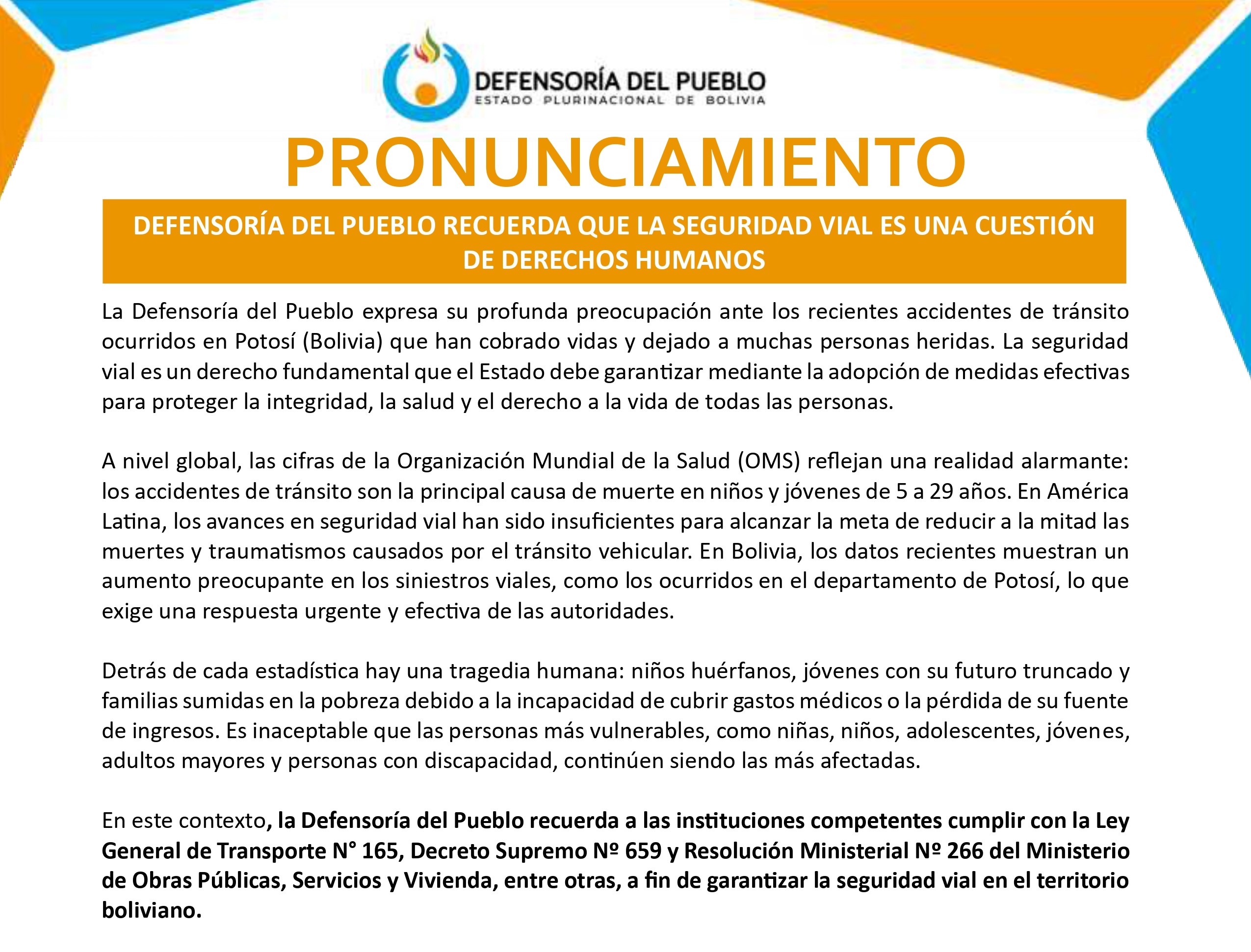 DEFENSORÍA DEL PUEBLO RECUERDA QUE LA SEGURIDAD VIAL ES UNA CUESTIÓN DE DERECHOS HUMANOS