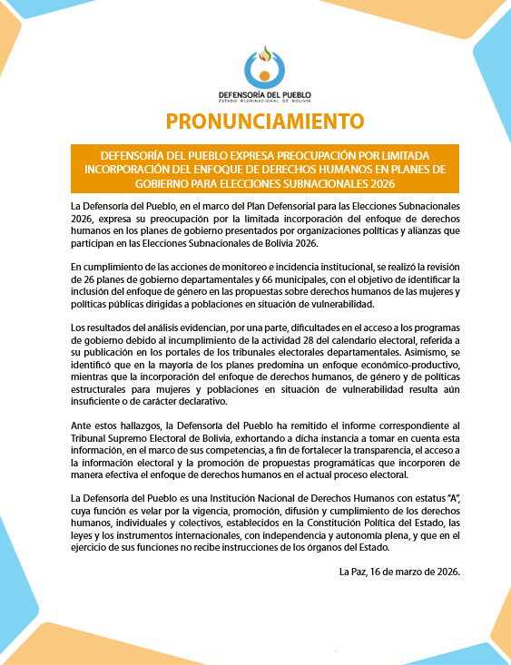 DEFENSORÍA DEL PUEBLO EXPRESA PREOCUPACIÓN POR LIMITADA INCORPORACIÓN DEL ENFOQUE DE DERECHOS HUMANOS EN PLANES DE GOBIERNO PARA ELECCIONES SUBNACIONALES 2026