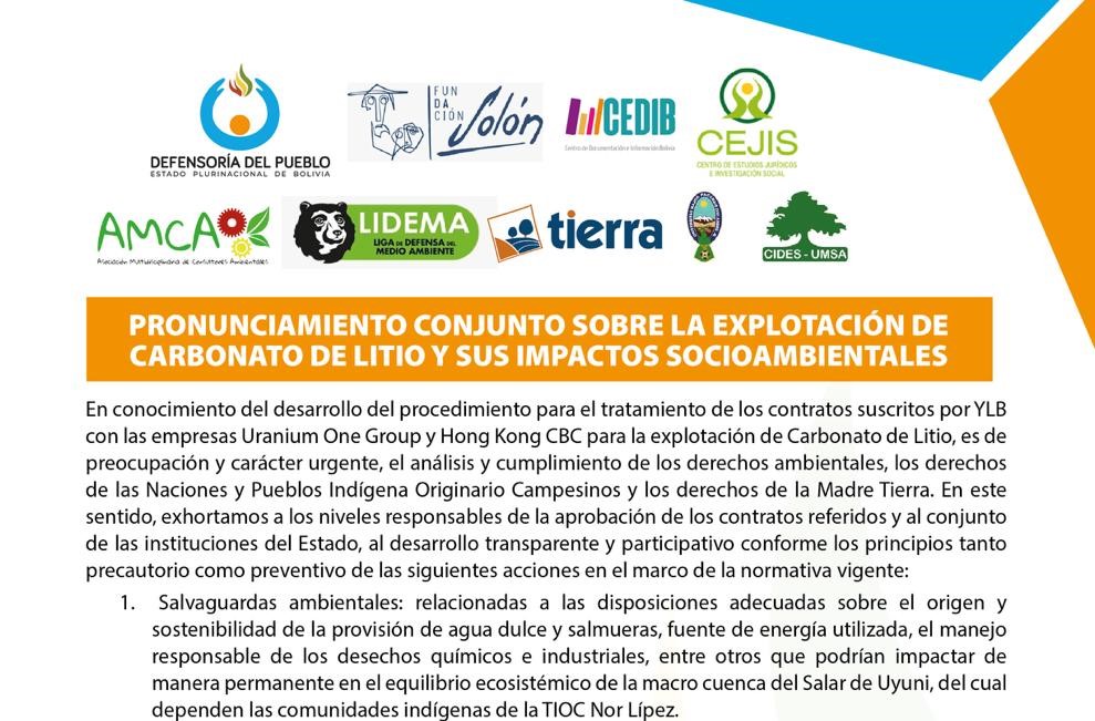 PRONUNCIAMIENTO CONJUNTO SOBRE LA EXPLOTACIÓN DE CARBONATO DE LITIO Y SUS IMPACTOS SOCIOAMBIENTALES