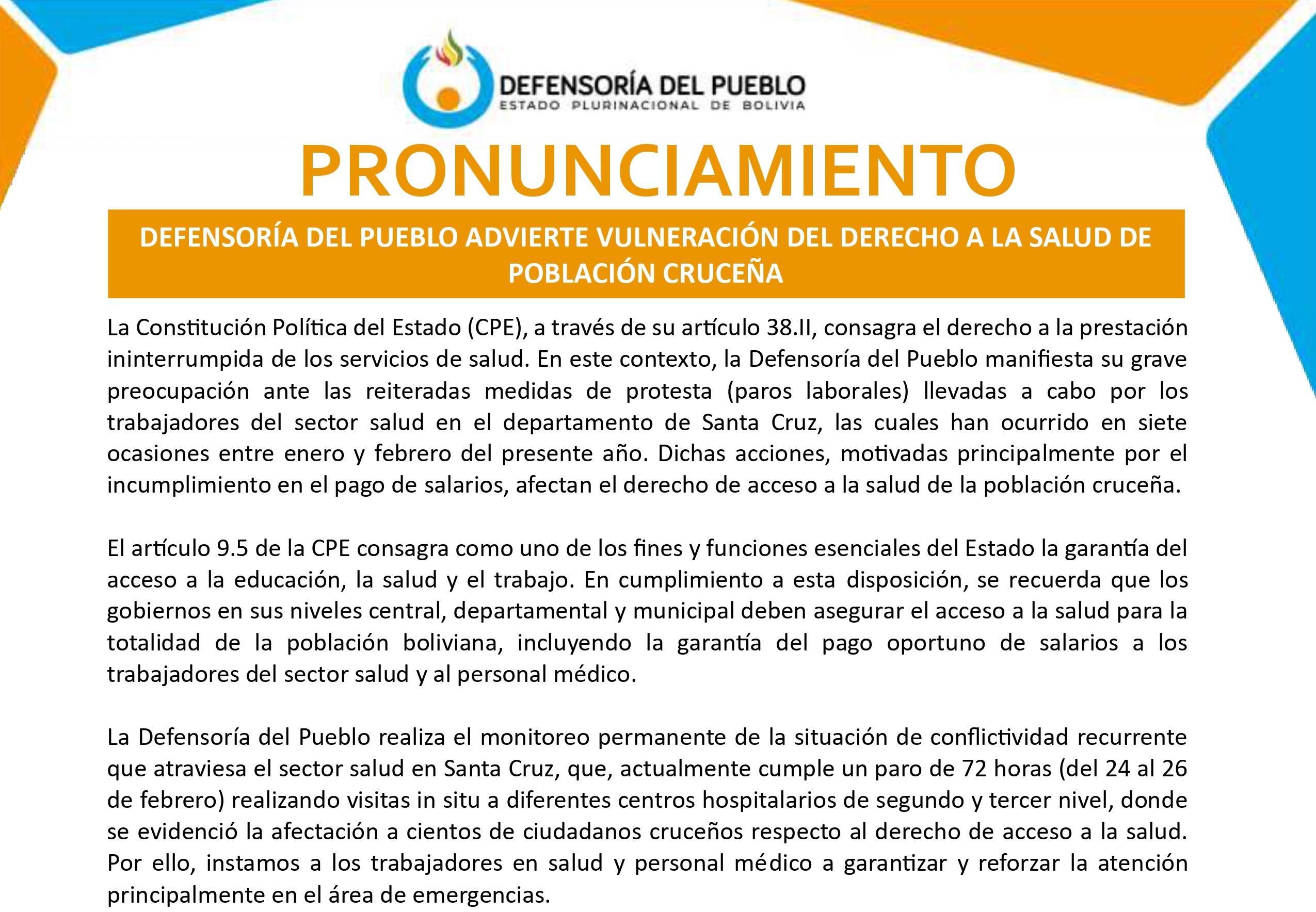 DEFENSORÍA DEL PUEBLO ADVIERTE VULNERACIÓN DEL DERECHO A LA SALUD DE POBLACIÓN CRUCEÑA