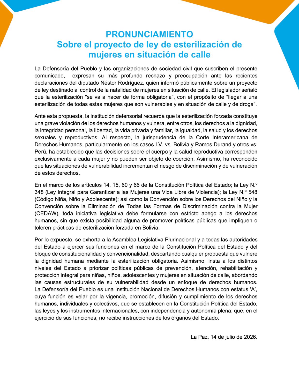 SOBRE EL PROYECTO DE LEY DE ESTERILIZACIÓN DE MUJERES EN SITUACIÓN DE CALLE (PRONUNCIAMIENTO)