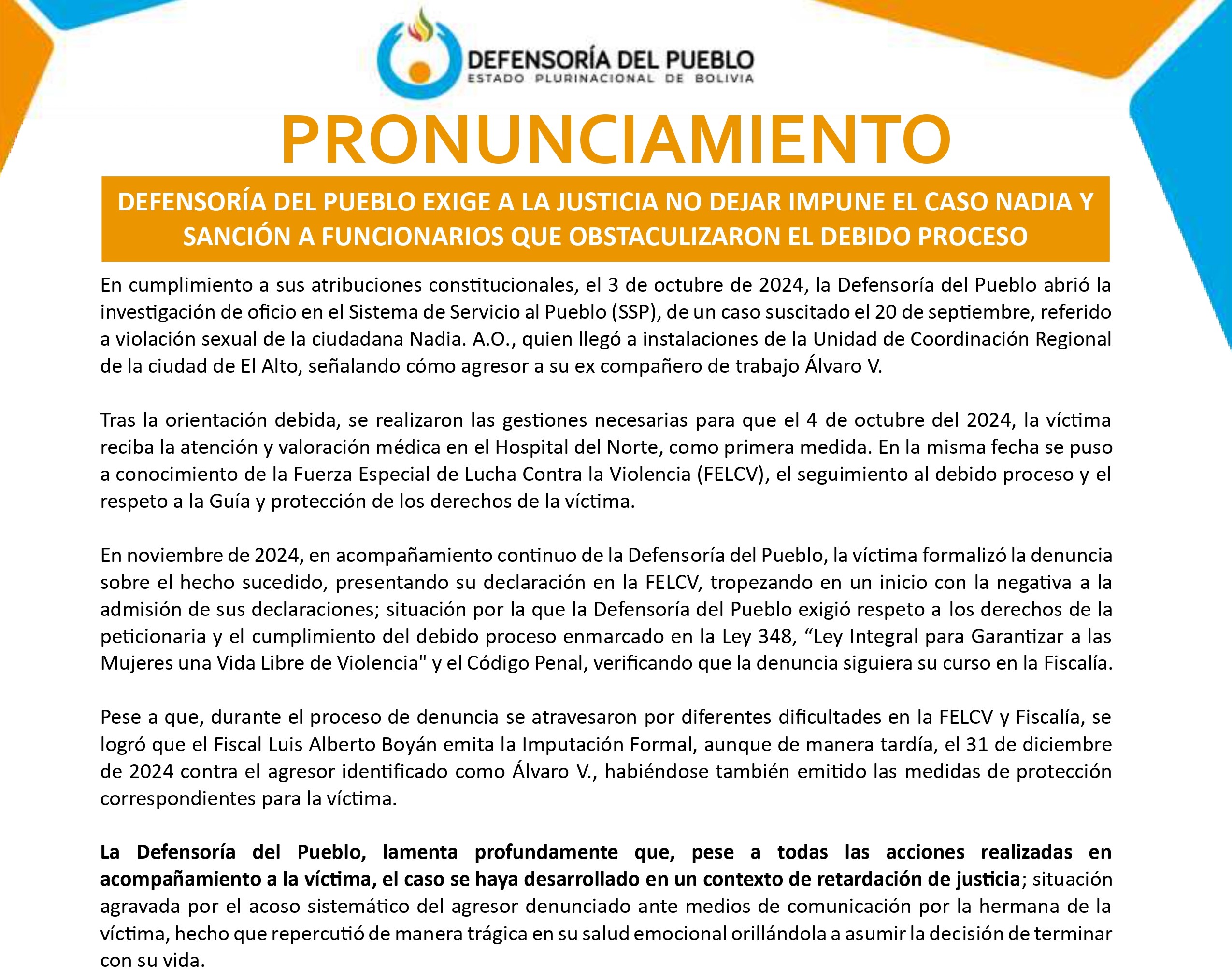 DEFENSORÍA DEL PUEBLO EXIGE A LA JUSTICIA NO DEJAR IMPUNE EL CASO NADIA Y SANCIÓN A FUNCIONARIOS QUE OBSTACULIZARON EL DEBIDO PROCESO