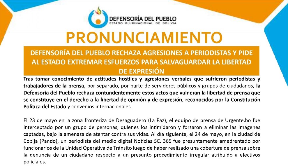 DEFENSORÍA DEL PUEBLO RECHAZA AGRESIONES A PERIODISTAS Y PIDE AL ESTADO EXTREMAR ESFUERZOS PARA SALVAGUARDAR LA LIBERTAD DE EXPRESIÓN