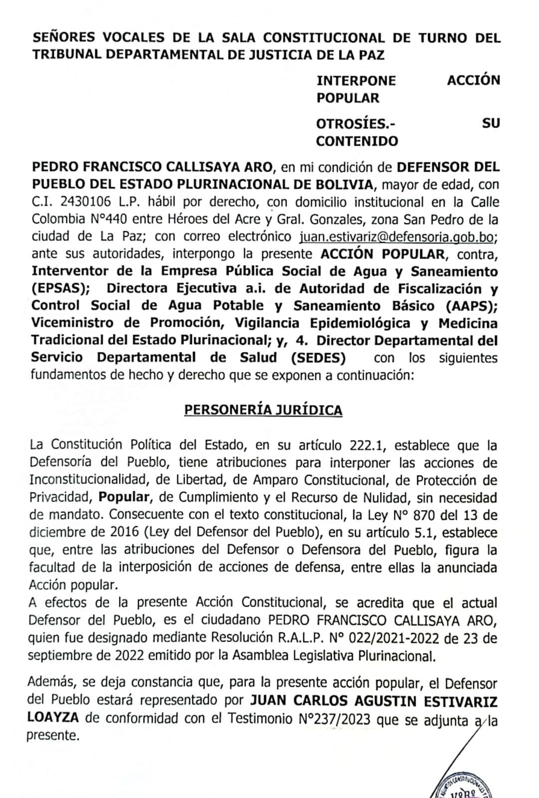 Defensoría del Pueblo interpuso Acción Popular y Sala Primera del TDJ debe dilucidar  la calidad del agua en La Paz