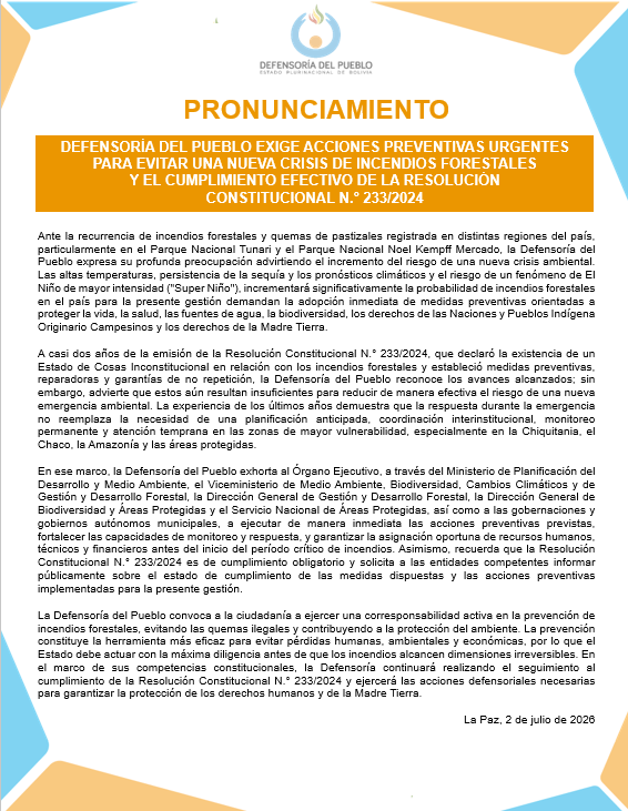 PRONUNCIAMIENTO DEFENSORÍA DEL PUEBLO EXIGE ACCIONES PREVENTIVAS URGENTES PARA EVITAR UNA NUEVA CRISIS DE INCENDIOS FORESTALES Y EL CUMPLIMIENTO EFECTIVO DE LA RESOLUCIÓN CONSTITUCIONAL N.° 233/2024