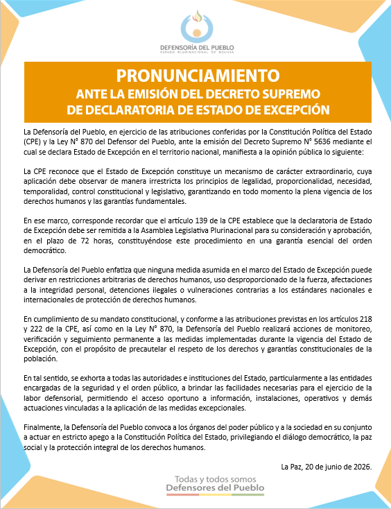 PRONUNCIAMIENTO ANTE LA EMISIÓN DEL DECRETO SUPREMO DE DECLARATORIA DE ESTADO DE EXCEPCIÓN