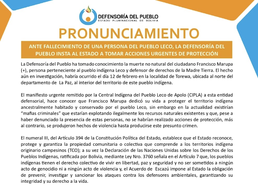 ANTE FALLECIMIENTO DE UNA PERSONA DEL PUEBLO LECO, LA DEFENSORÍA DEL PUEBLO INSTA AL ESTADO A TOMAR ACCIONES URGENTES DE PROTECCIÓN