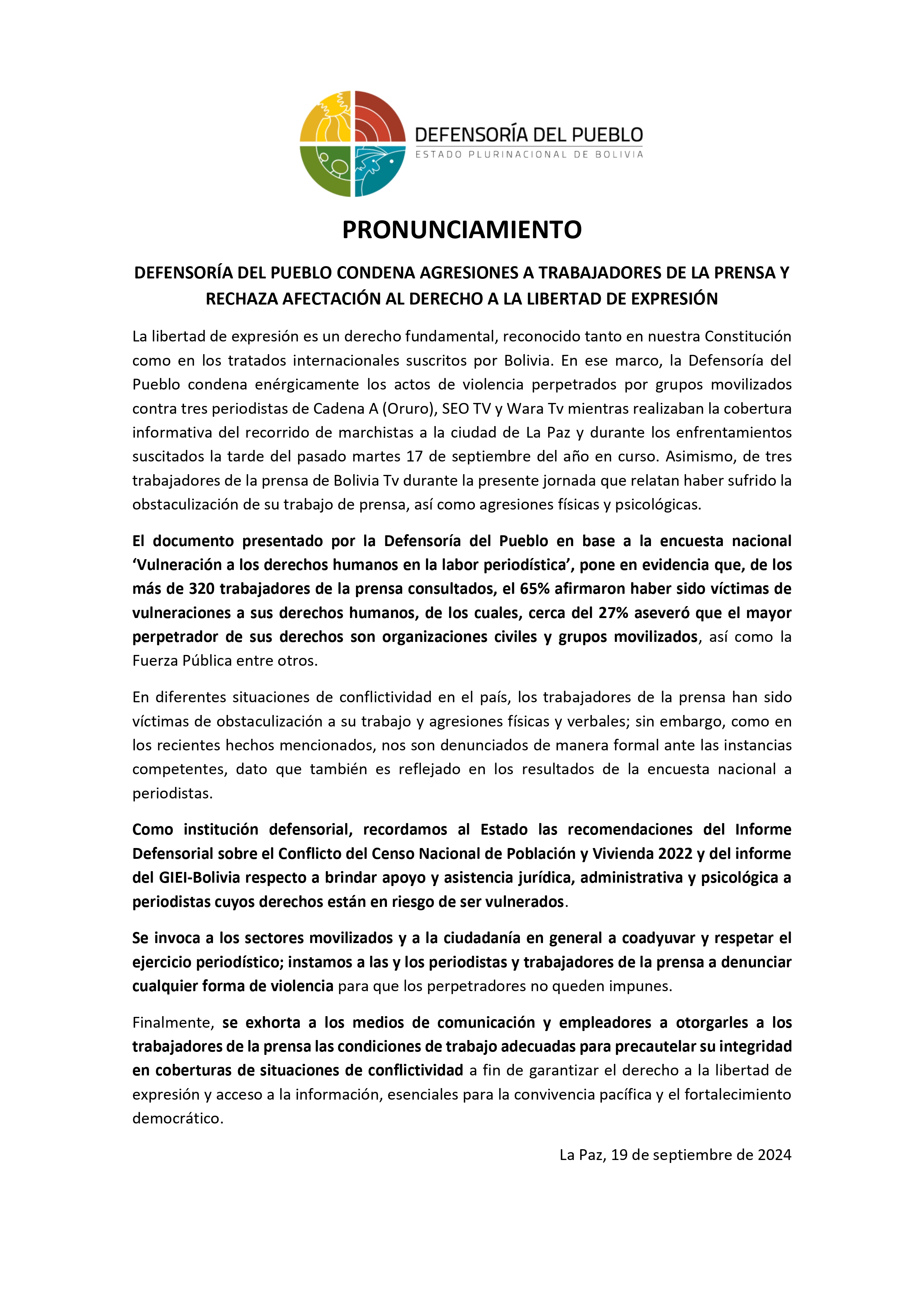 DEFENSORÍA DEL PUEBLO CONDENA AGRESIONES A TRABAJADORES DE LA PRENSA Y RECHAZA AFECTACIÓN AL DERECHO A LA LIBERTAD DE EXPRESIÓN