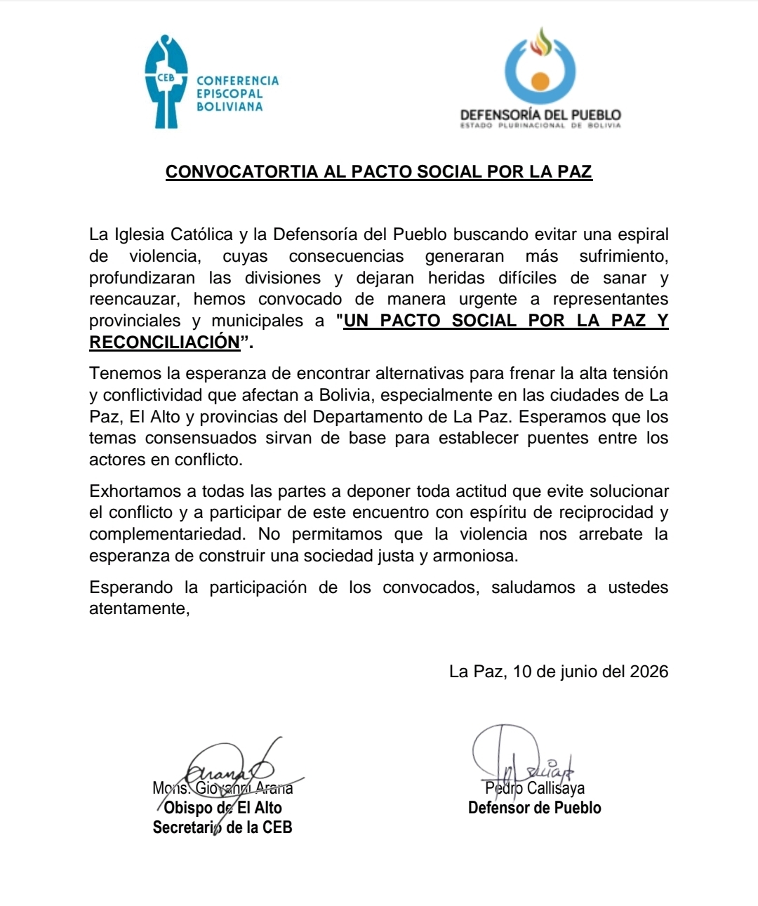 CONVOCATORTIA AL PACTO SOCIAL POR LA PAZ