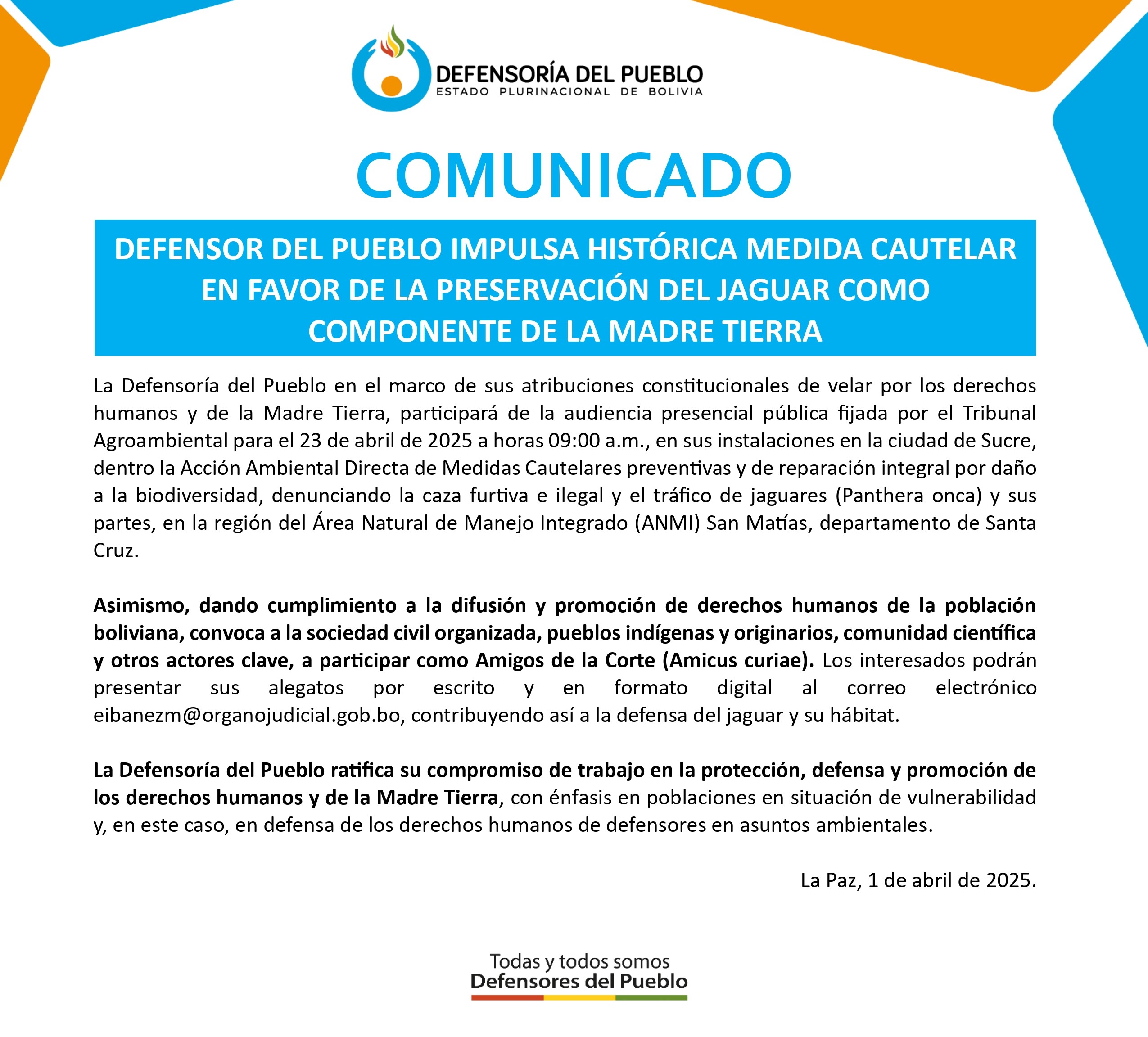 DEFENSOR DEL PUEBLO IMPULSA HISTÓRICA MEDIDA CAUTELAR EN FAVOR DE LA PRESERVACIÓN DEL JAGUAR COMO COMPONENTE DE LA MADRE TIERRA