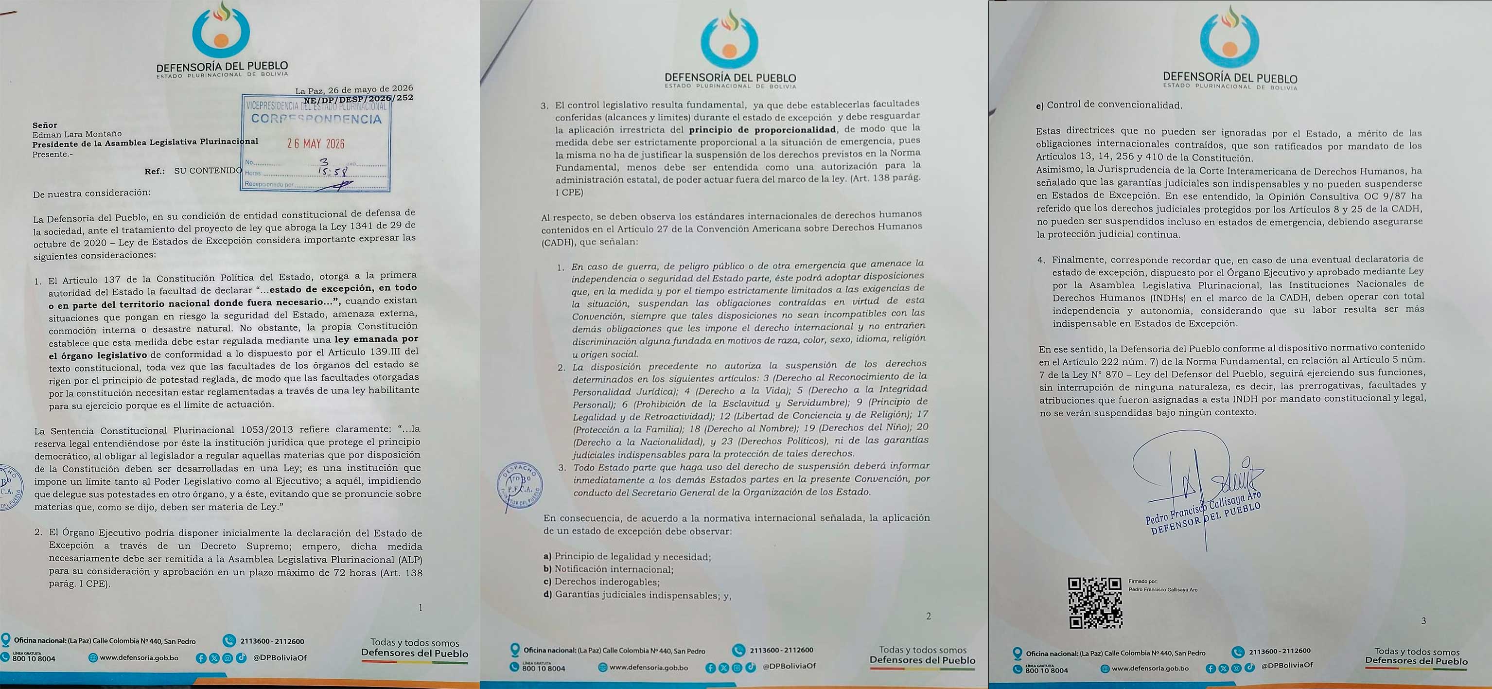 DEFENSOR DEL PUEBLO REITERA QUE LA DECLARATORIA DE ESTADO DE EXCEPCIÓN DEBE ESTAR SUJETA A LEY Y CONTROL CONSTITUCIONAL