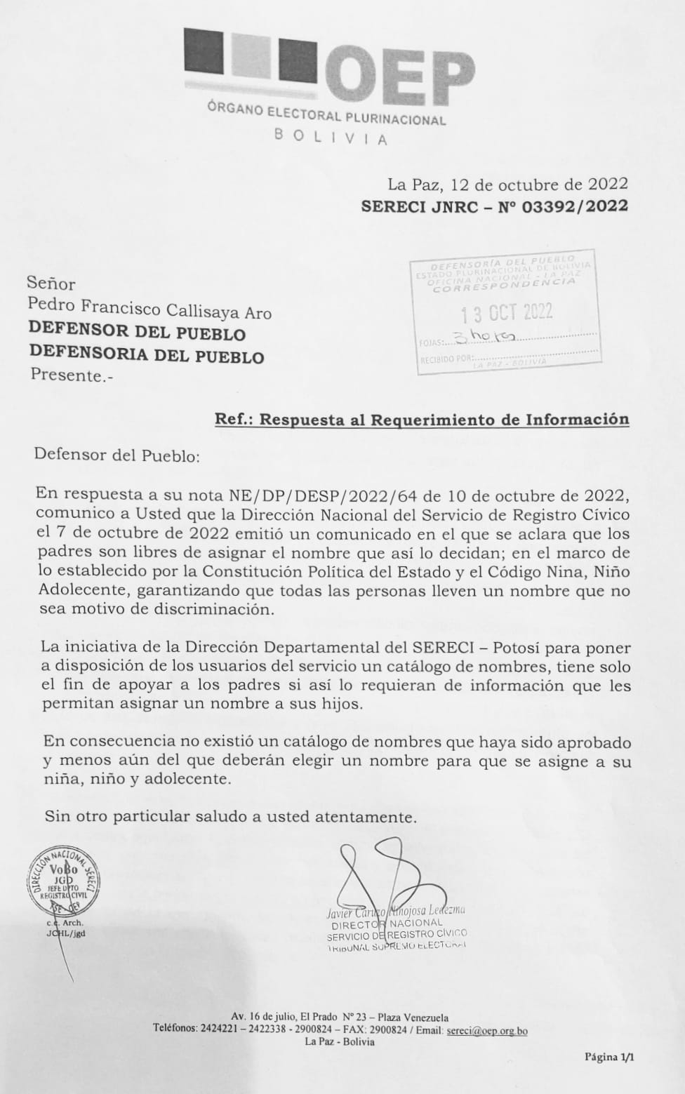 Defensoría del Pueblo pide informe al SERECÍ sobre catálogo de nombres y éste aclara que no aprobó uno