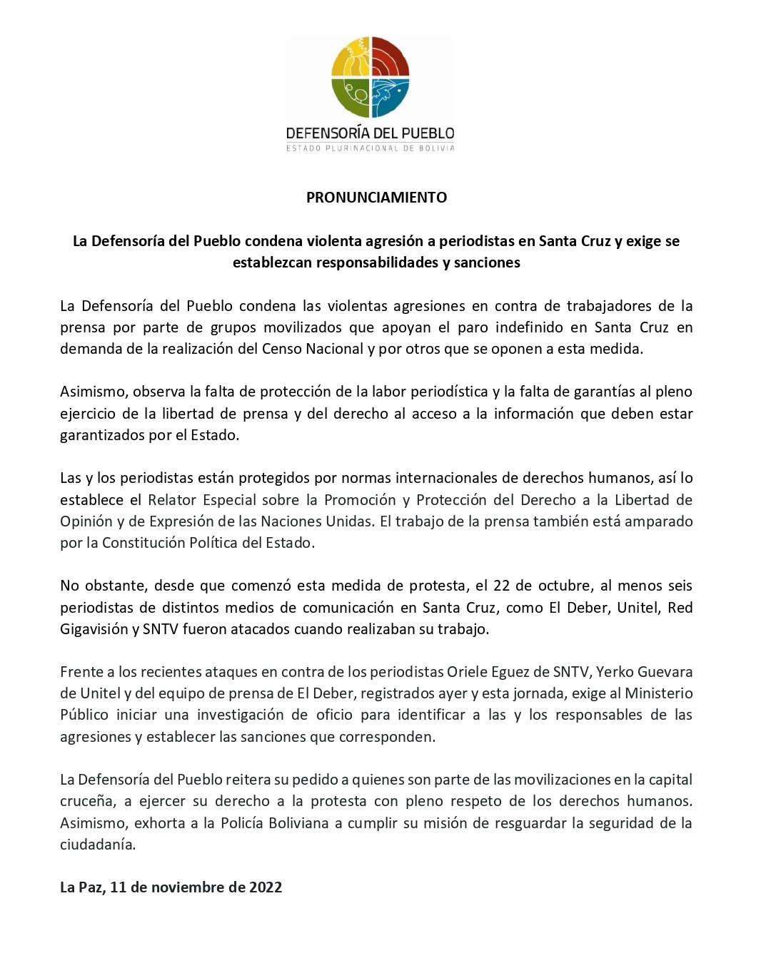 La Defensoría del Pueblo condena violenta agresión a periodistas en Santa Cruz y exige se establezcan responsabilidades y sanciones