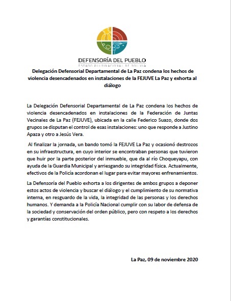 Delegación Defensorial Departamental de La Paz condena los hechos de violencia desencadenados en instalaciones de la FEJUVE La Paz y exhorta al diálogo